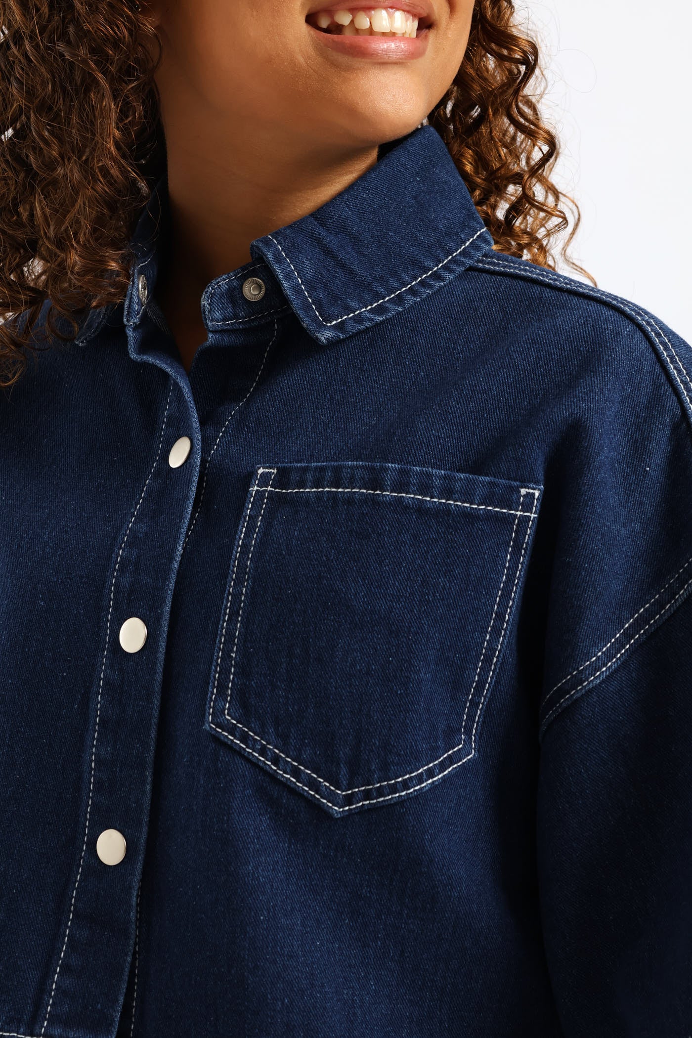 Girls Rigid Denim Crop Shacket - Blue - Image 5