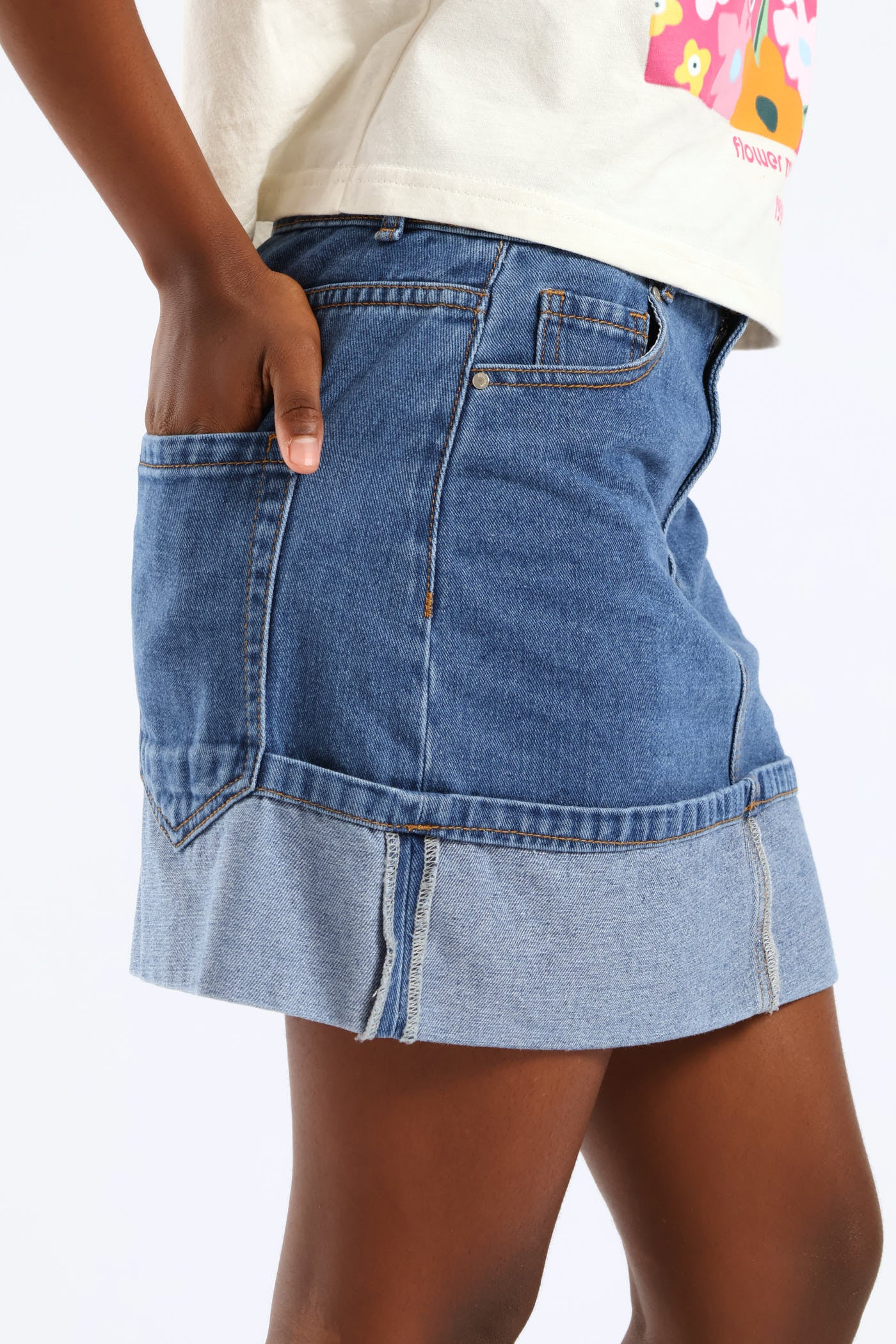 Girls Rigid Denim Fold Up Hem Skirt - Stonewash - Image 2