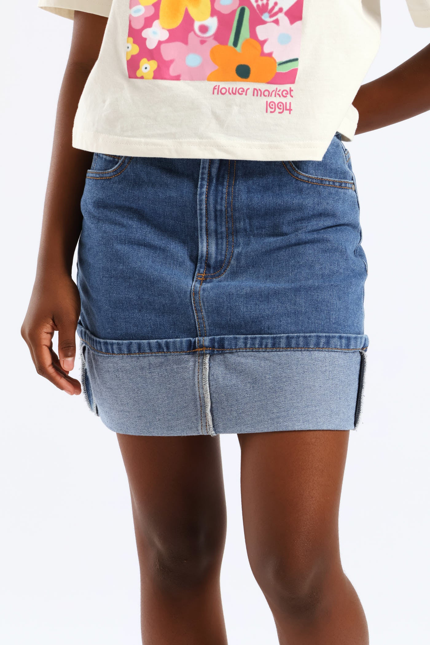 Girls Rigid Denim Fold Up Hem Skirt - Stonewash - Image 3