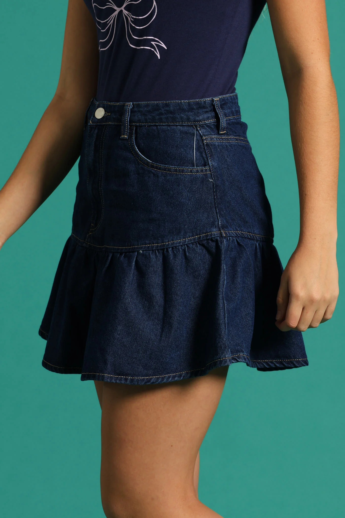 Girls Rigid Denim Frill Skirt - Raw Wash - Image 3