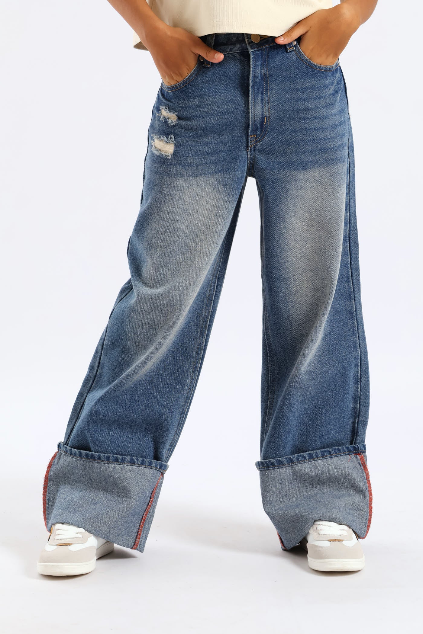 Girls Rip & Repair Turn Up Wide Leg Denim - Mid Blue - Image 2