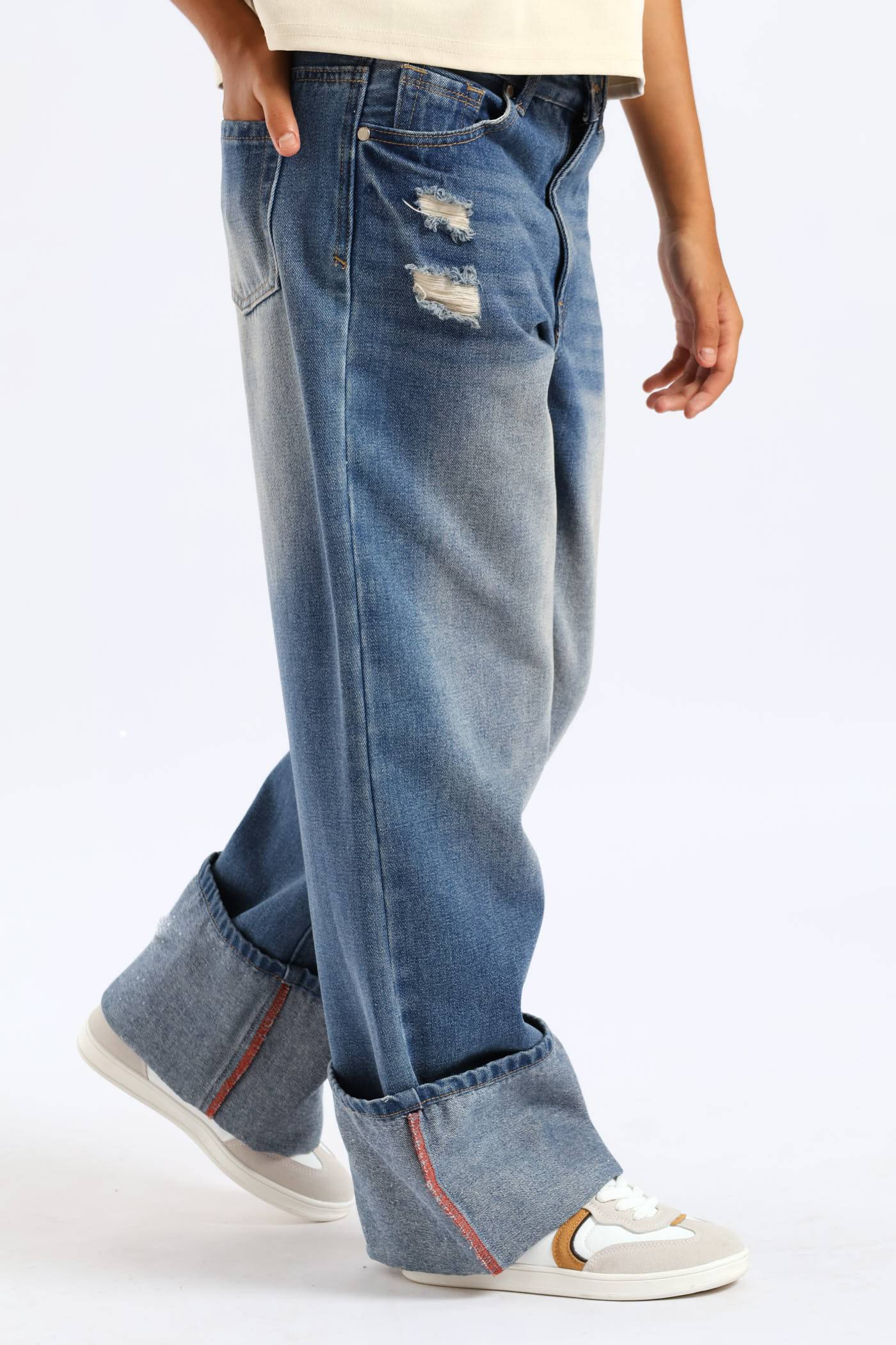 Girls Rip & Repair Turn Up Wide Leg Denim - Mid Blue - Image 3