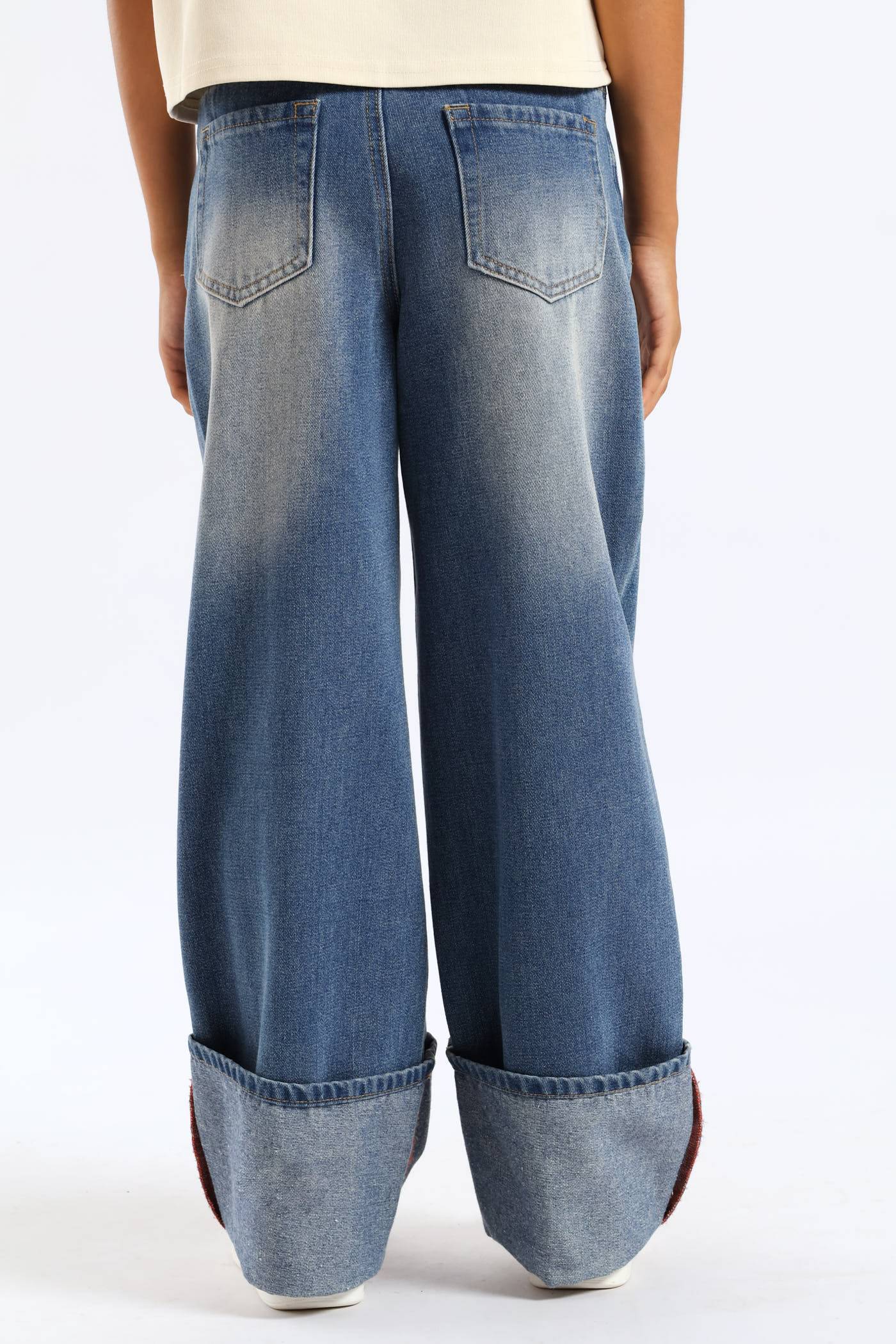 Girls Rip & Repair Turn Up Wide Leg Denim - Mid Blue - Image 4