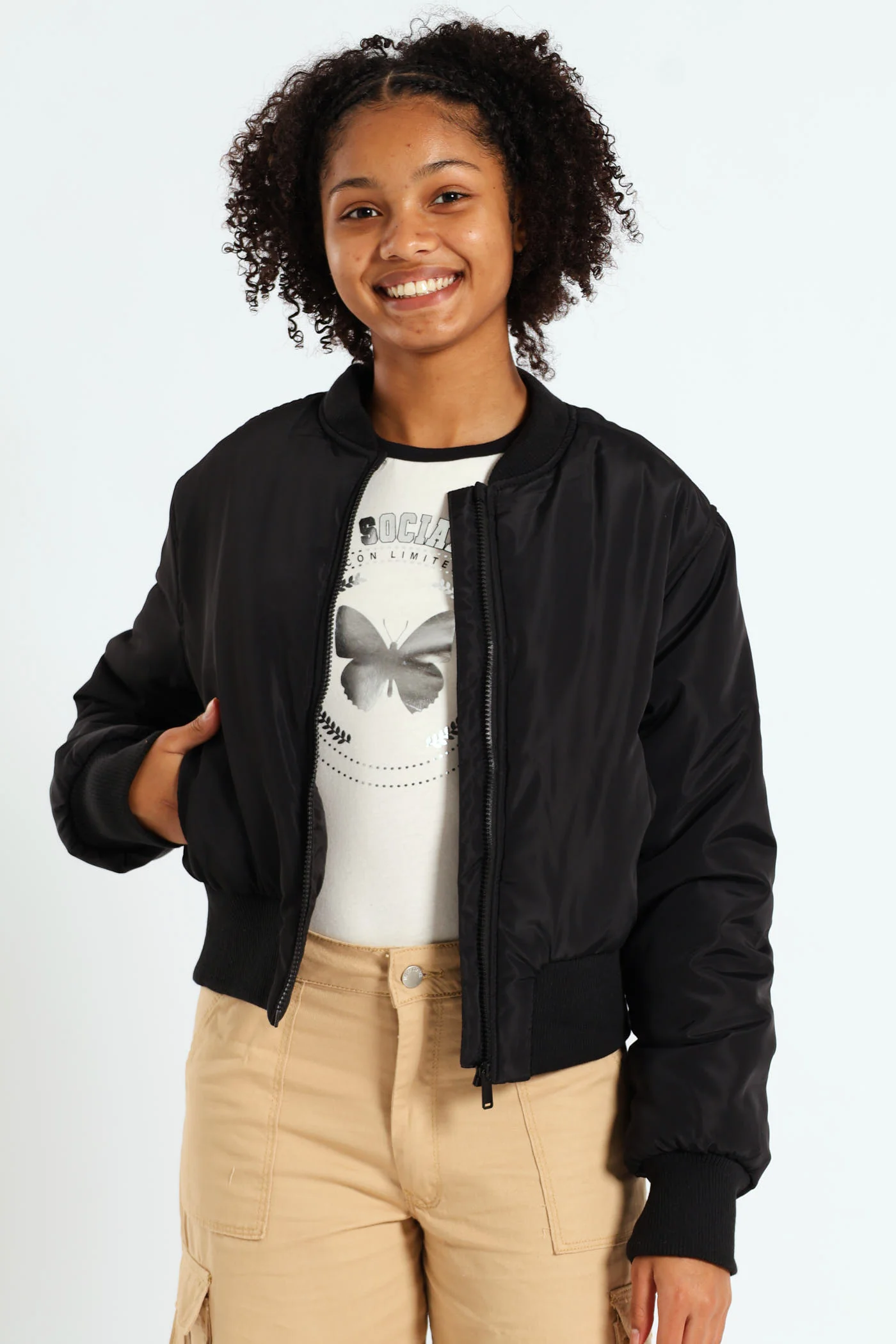 Girls Satin Bomber Jacket - Black - Image 2