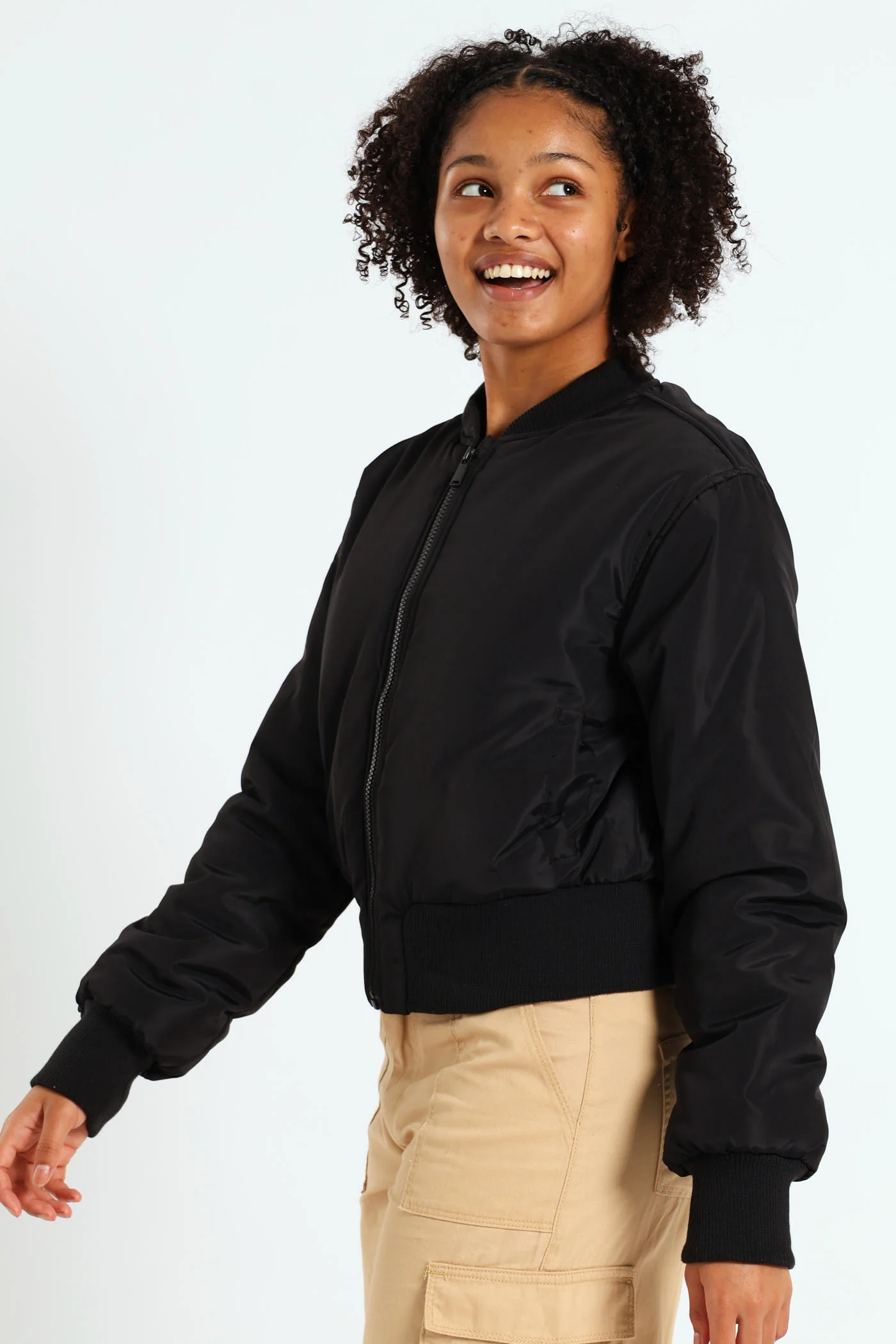 Girls Satin Bomber Jacket - Black - Image 3