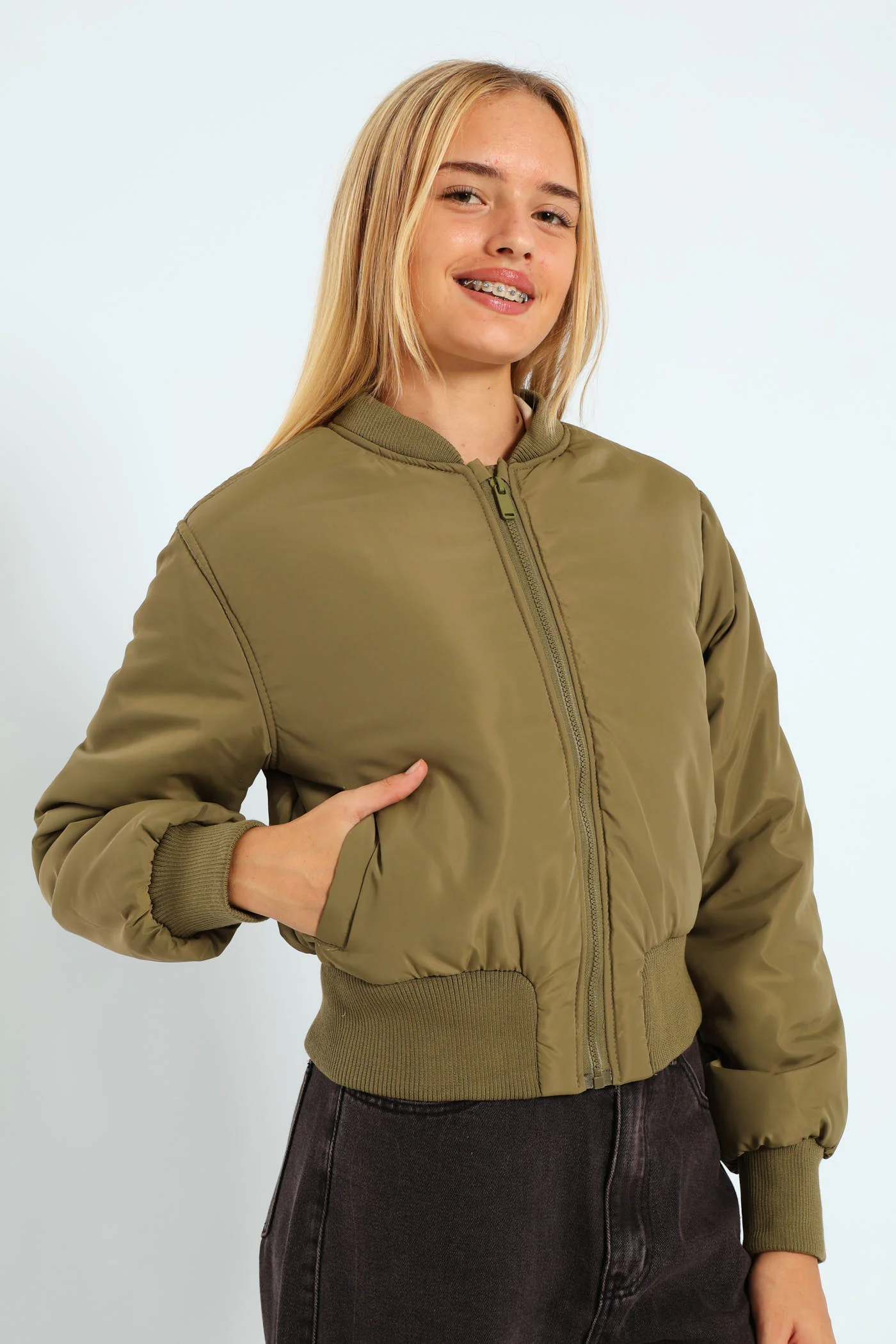 Girls Satin Bomber Jacket - Olive - Image 4