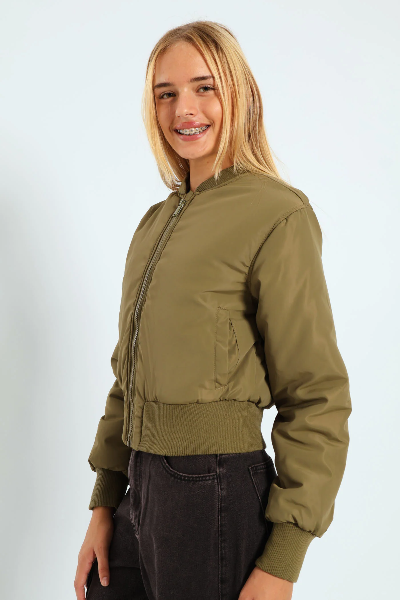 Girls Satin Bomber Jacket - Olive - Image 5