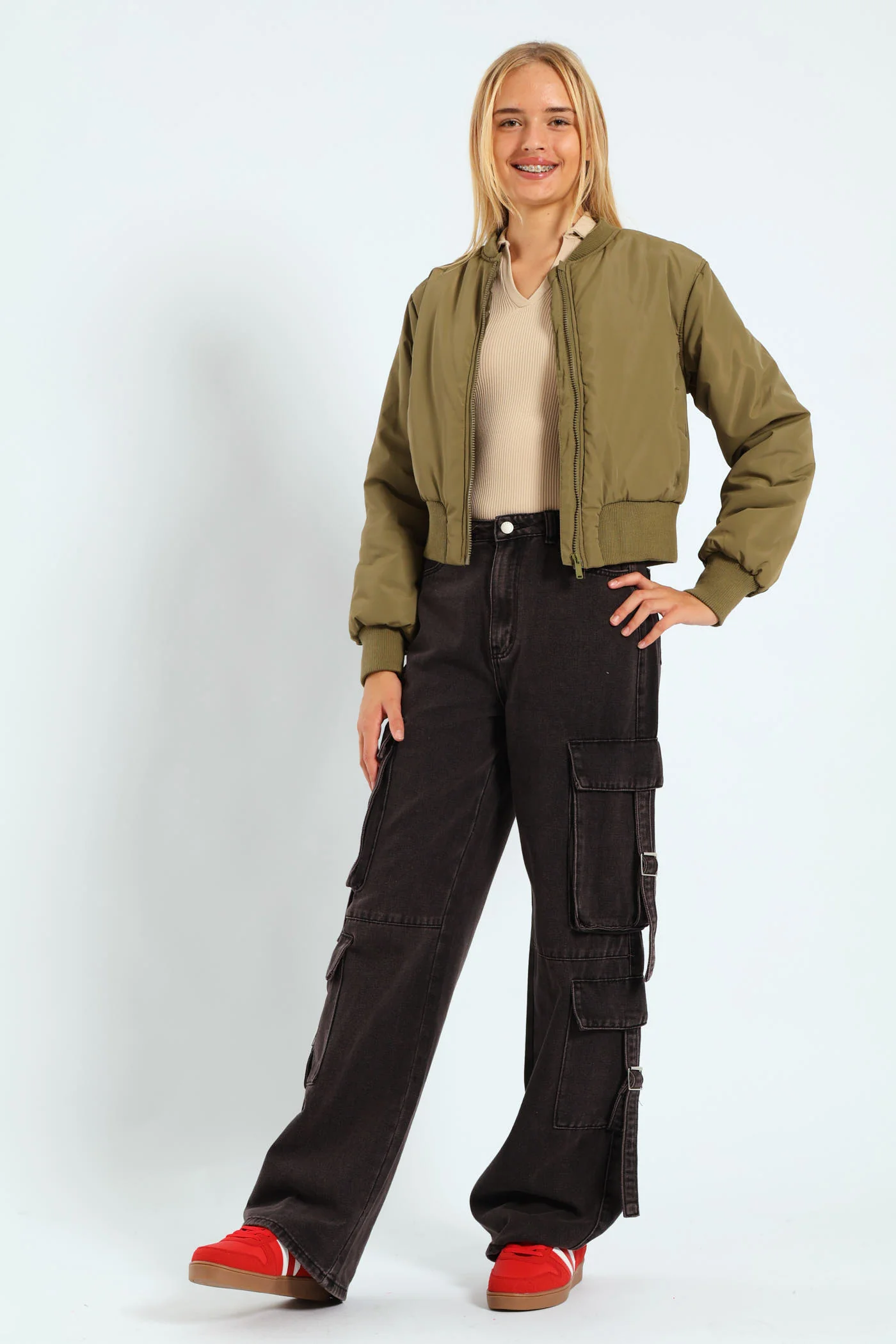 Girls Satin Bomber Jacket - Olive - Image 6
