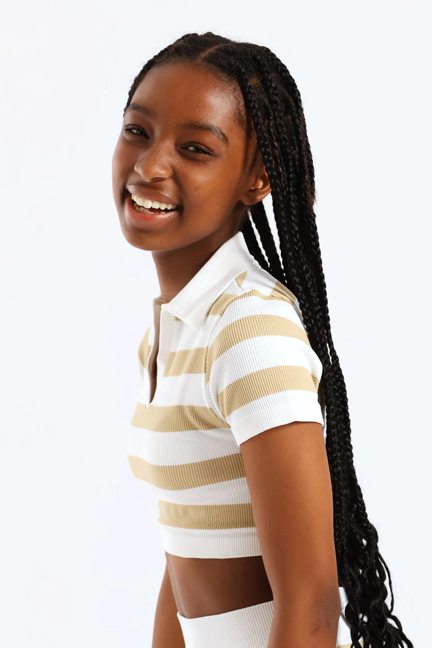 Girls Seamless Striipe Johnny Collar Top - Stone - Image 3