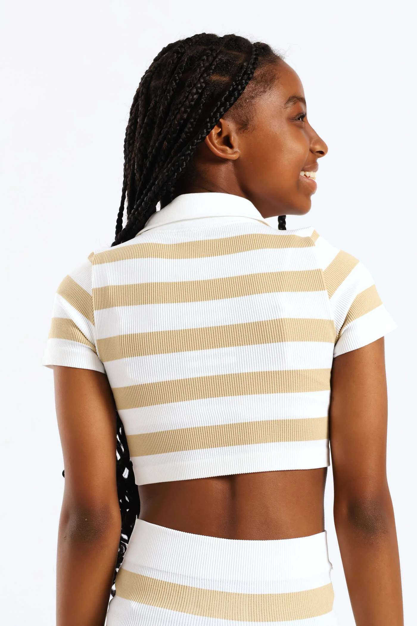 Girls Seamless Striipe Johnny Collar Top - Stone - Image 4