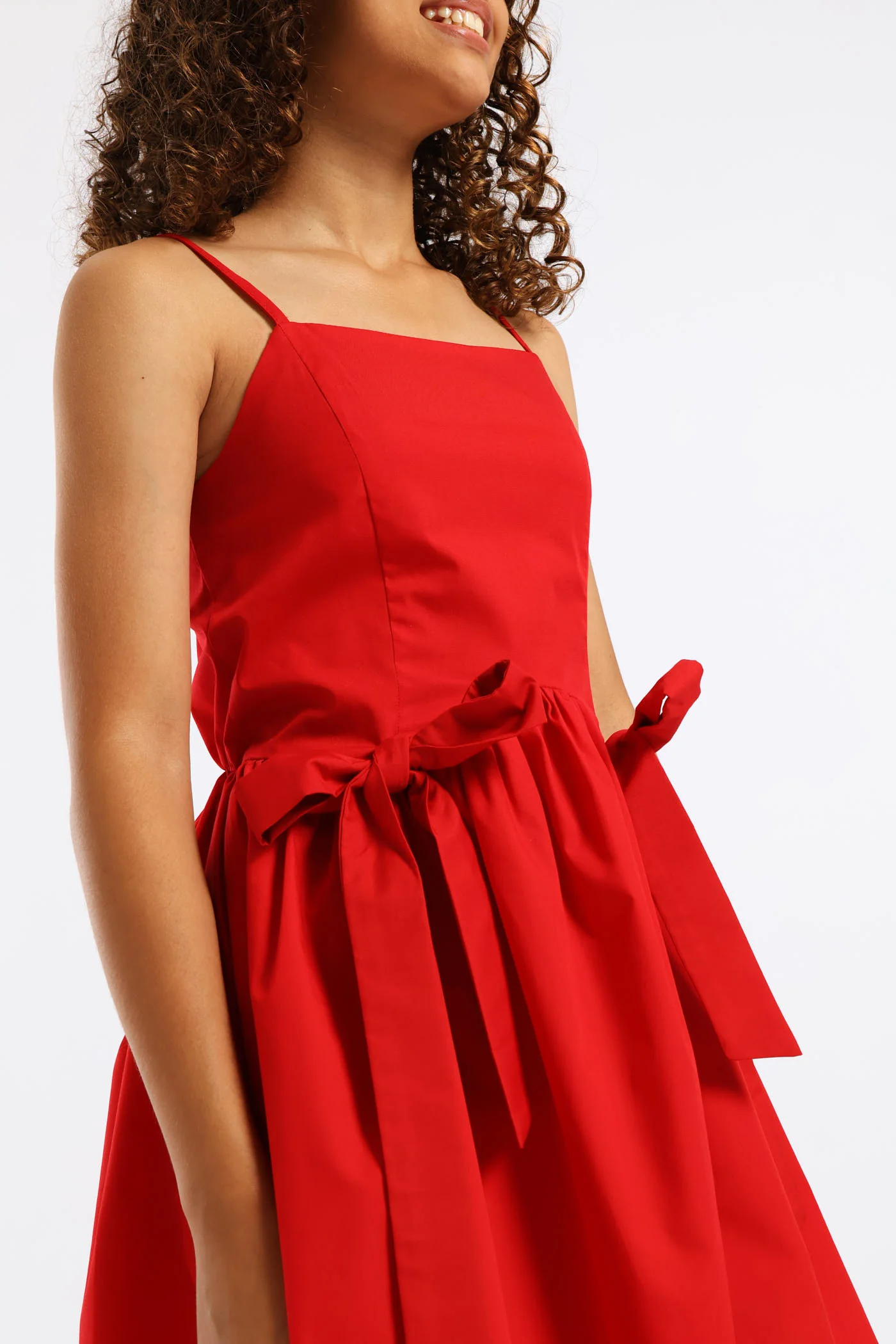 Girls Shaped Waist Bow Detail Strappy Flare Dress - Red - Image 2