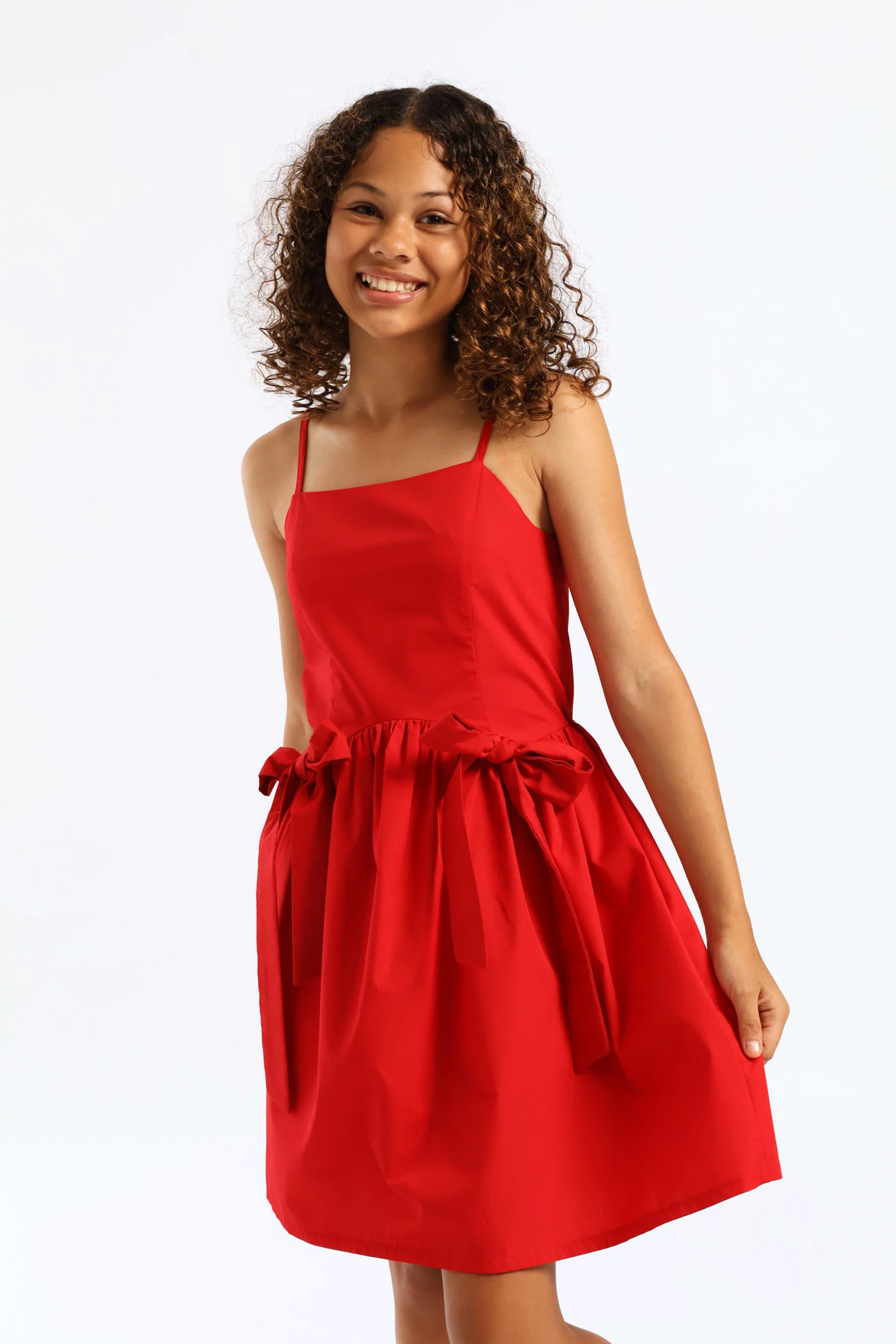 Girls Shaped Waist Bow Detail Strappy Flare Dress - Red - Image 3