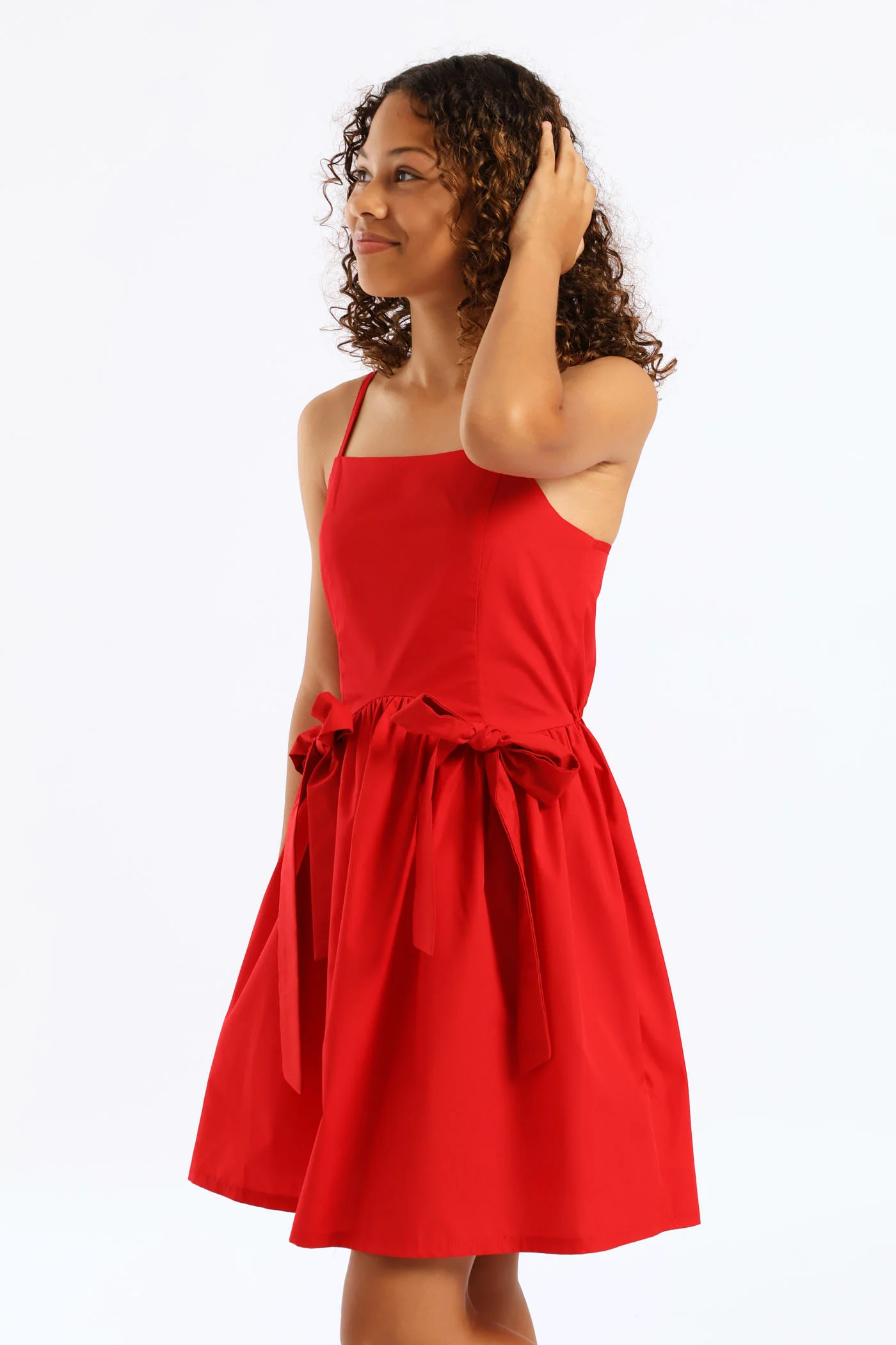 Girls Shaped Waist Bow Detail Strappy Flare Dress - Red - Image 4
