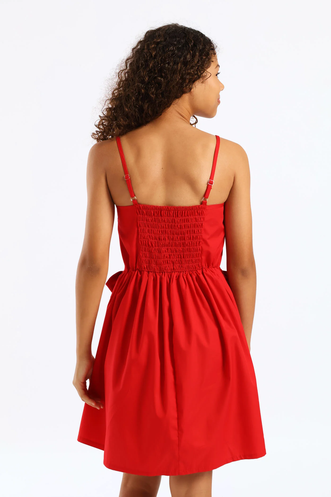 Girls Shaped Waist Bow Detail Strappy Flare Dress - Red - Image 5