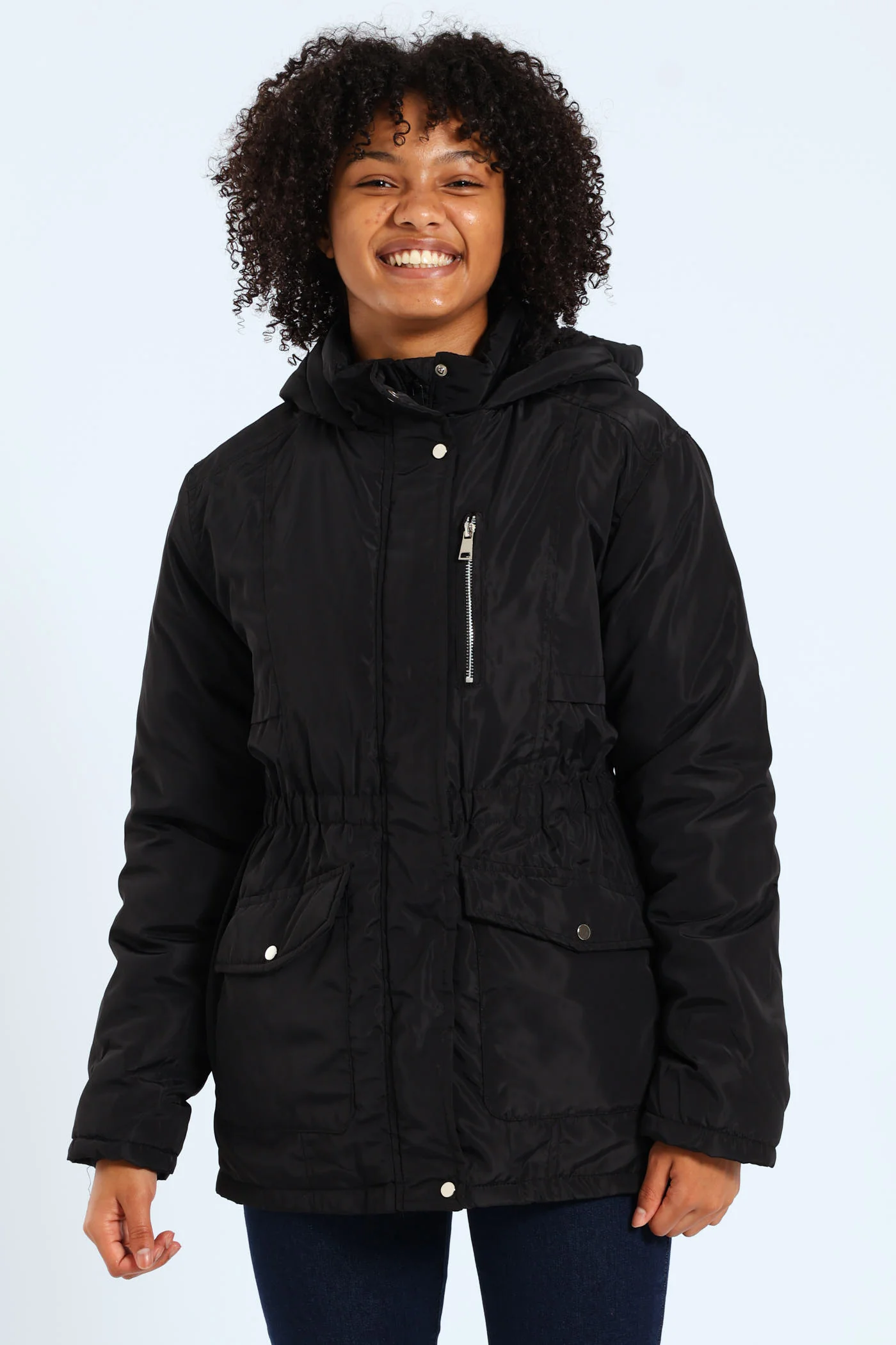 Girls Sherpa Hoody Parker Jacket - Black - Image 2