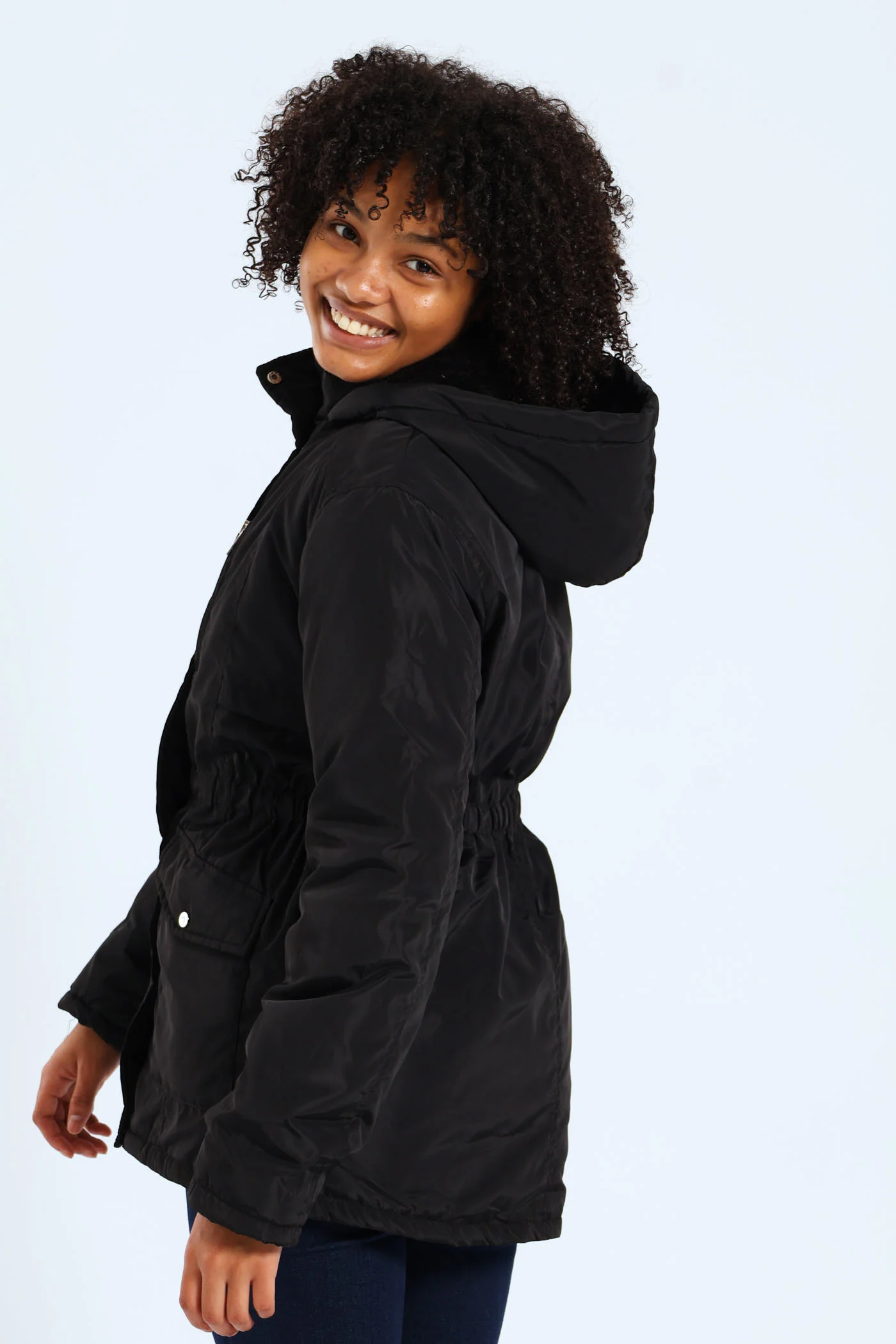 Girls Sherpa Hoody Parker Jacket - Black - Image 5