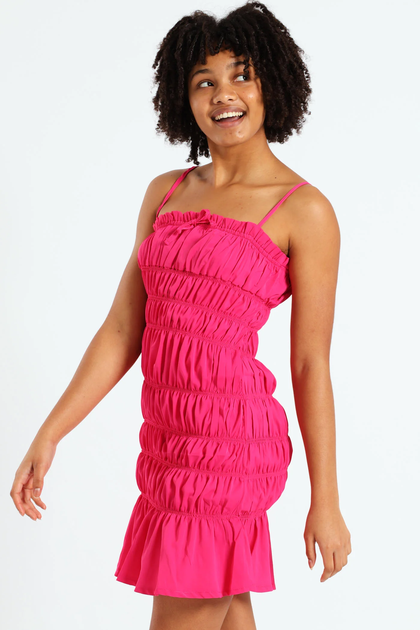 Girls Shirring Strappy Dress - Cerise - Image 3