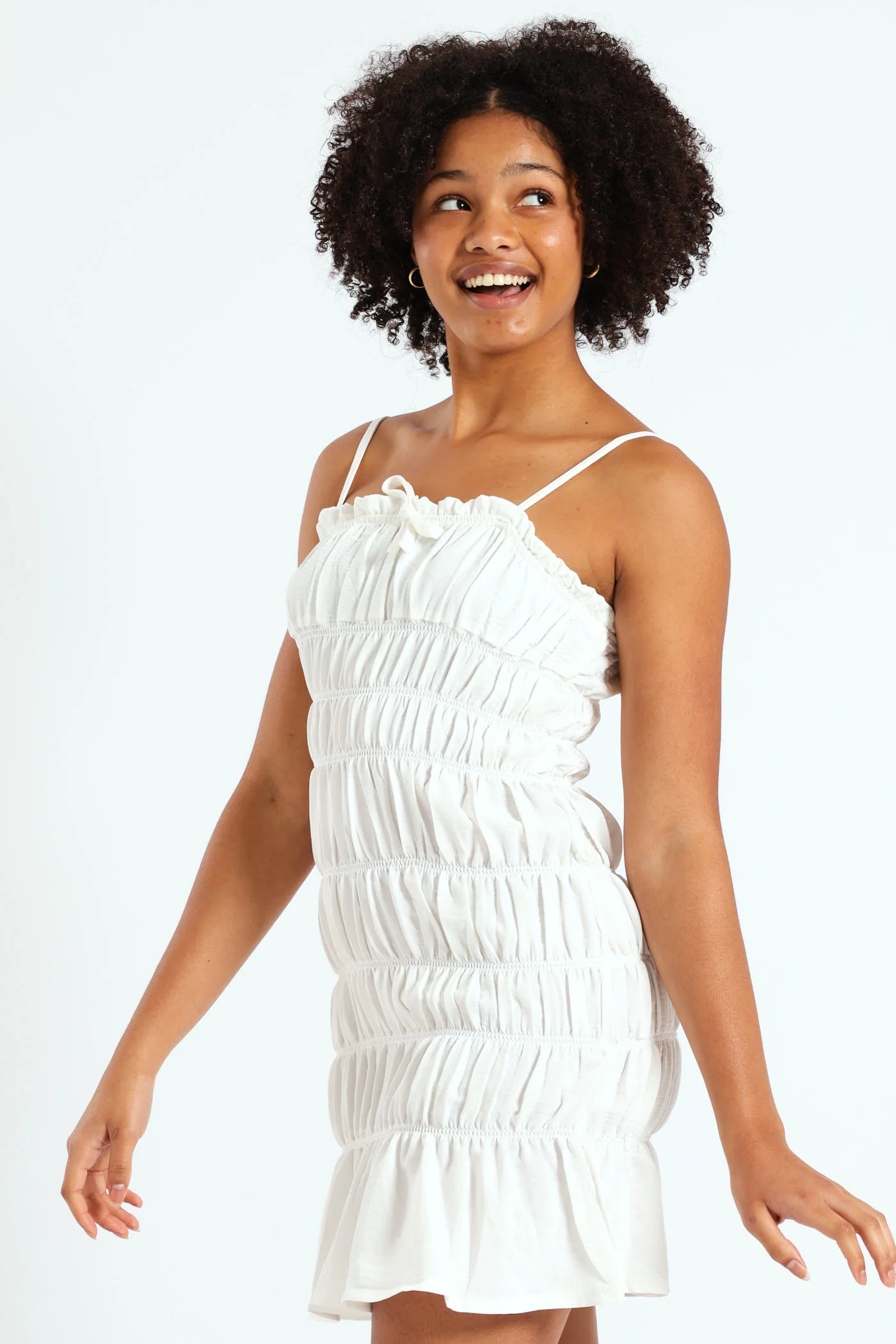 Girls Shirring Strappy Dress - White - Image 3