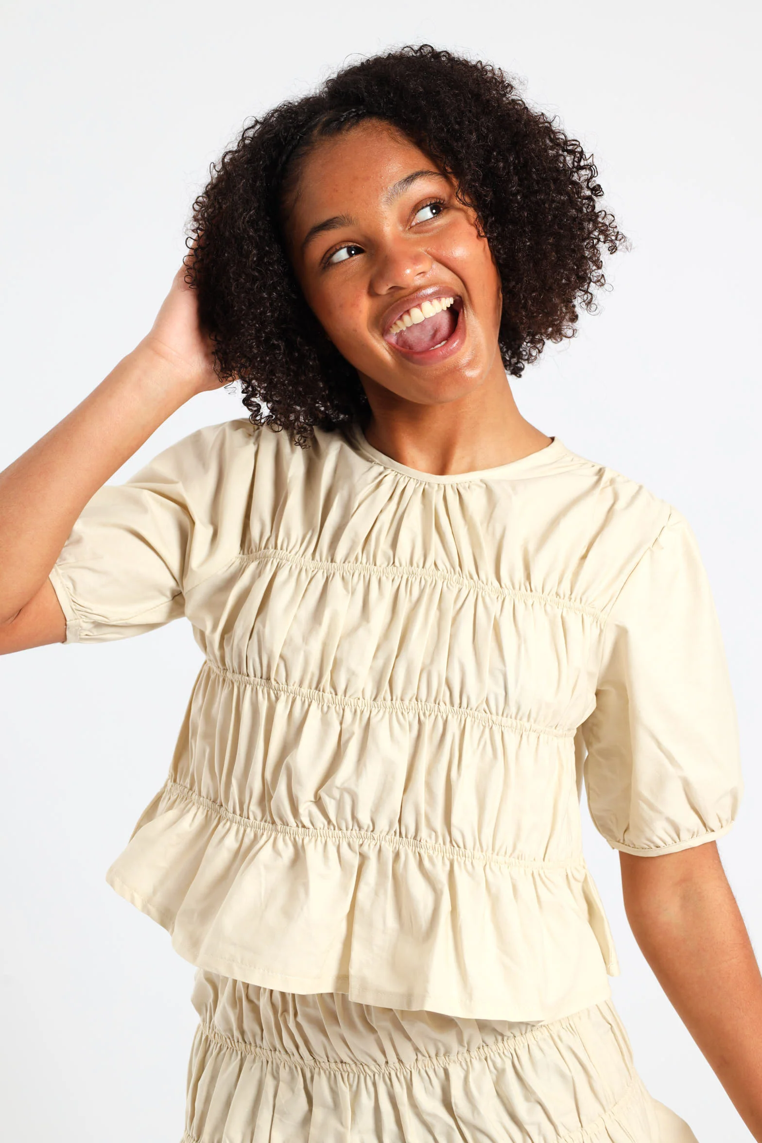 Girls Shirring Top - Stone - Image 2