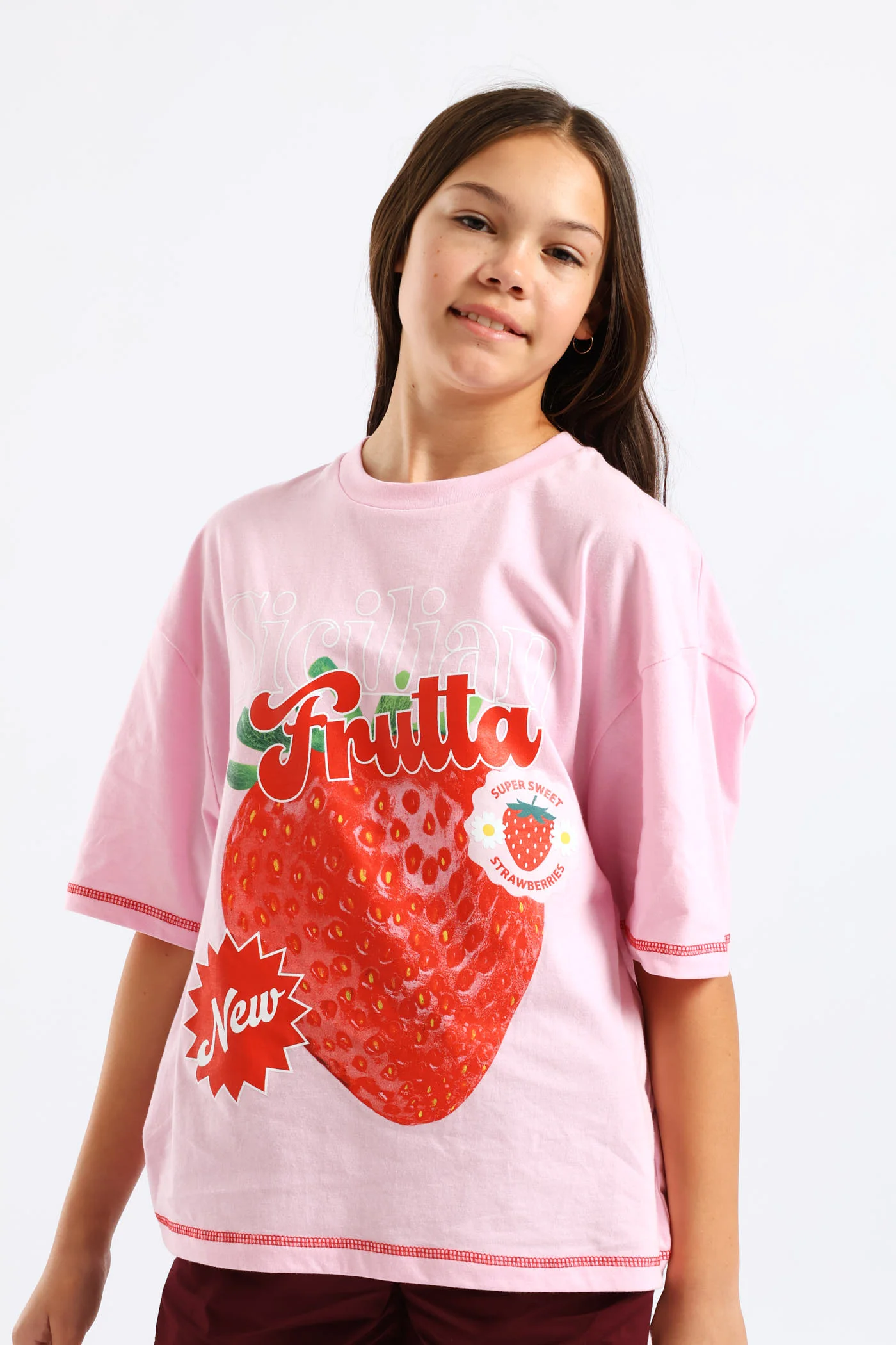 Girls Sicilian Strawberry Oversized Tee - Pink - Image 3