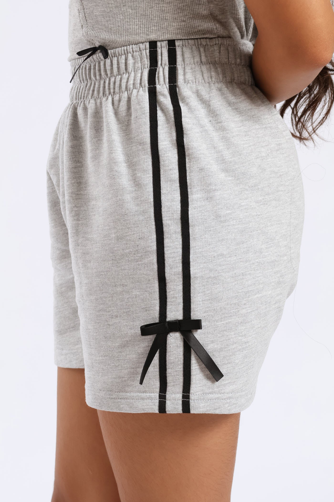 Girls Side Tape Bow Detail Fleece Shorts - Grey Melange - Image 4
