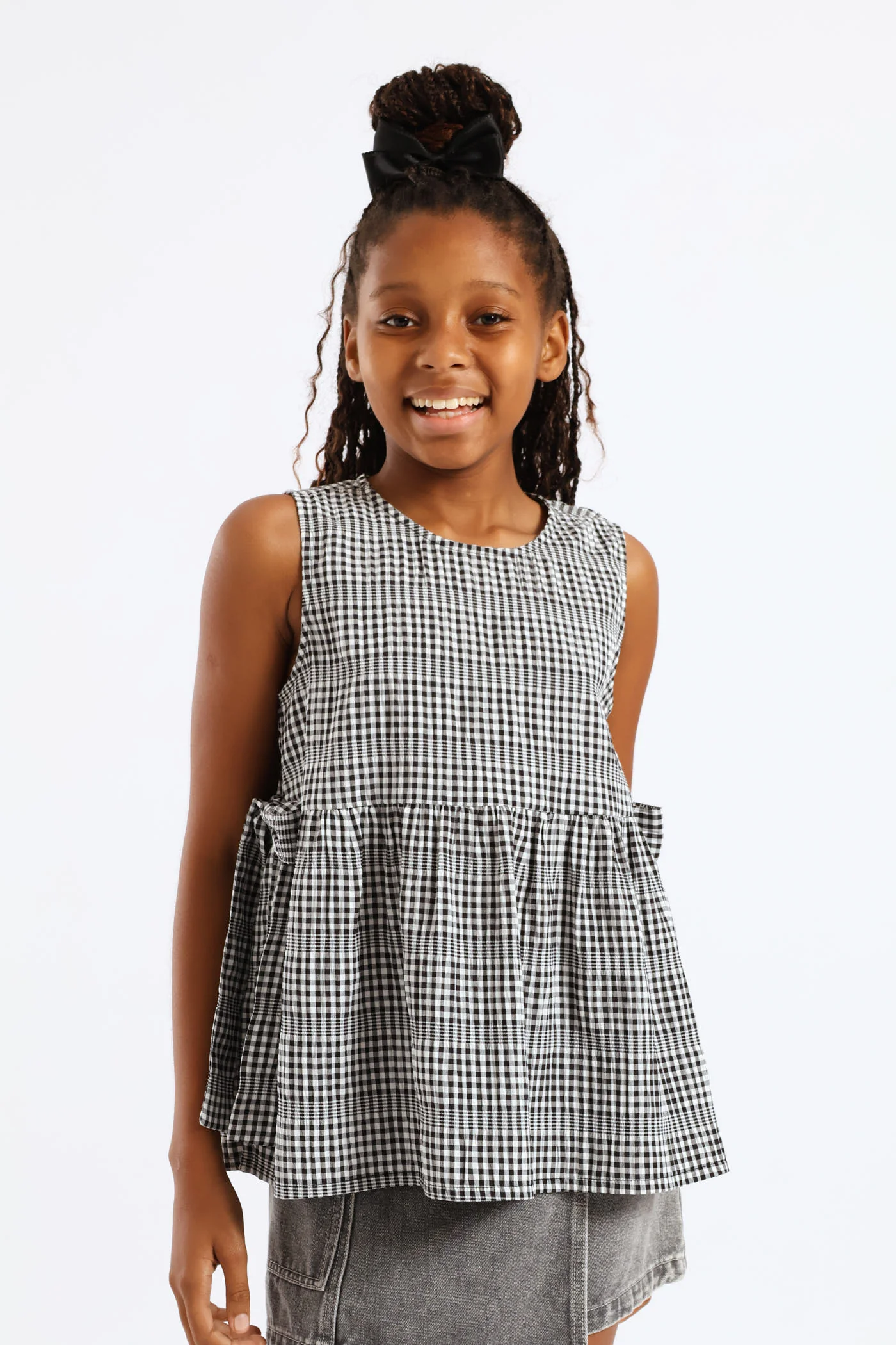 Girls Side Tie Peplum Top - Black/White - Image 2