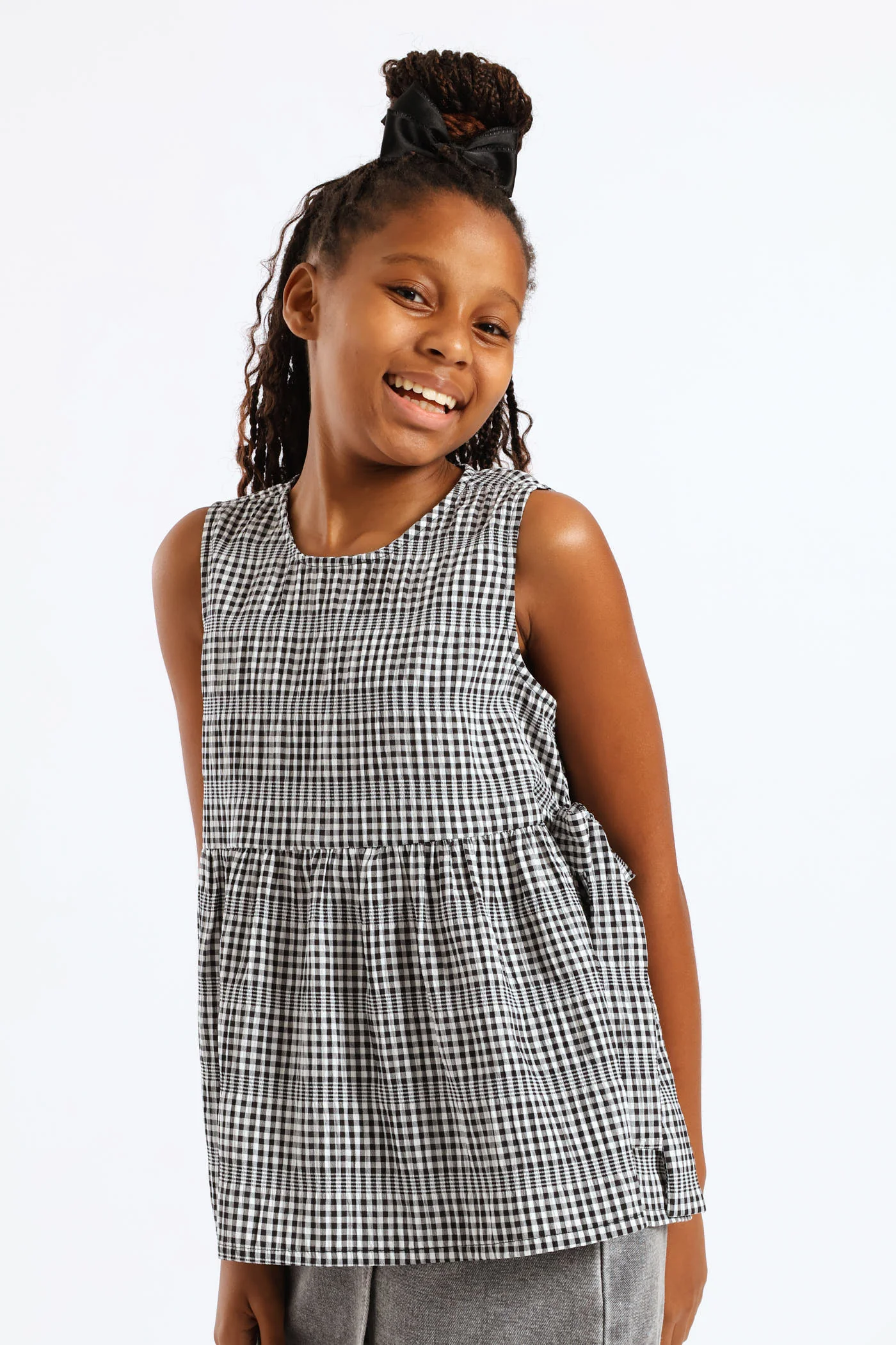 Girls Side Tie Peplum Top - Black/White - Image 4