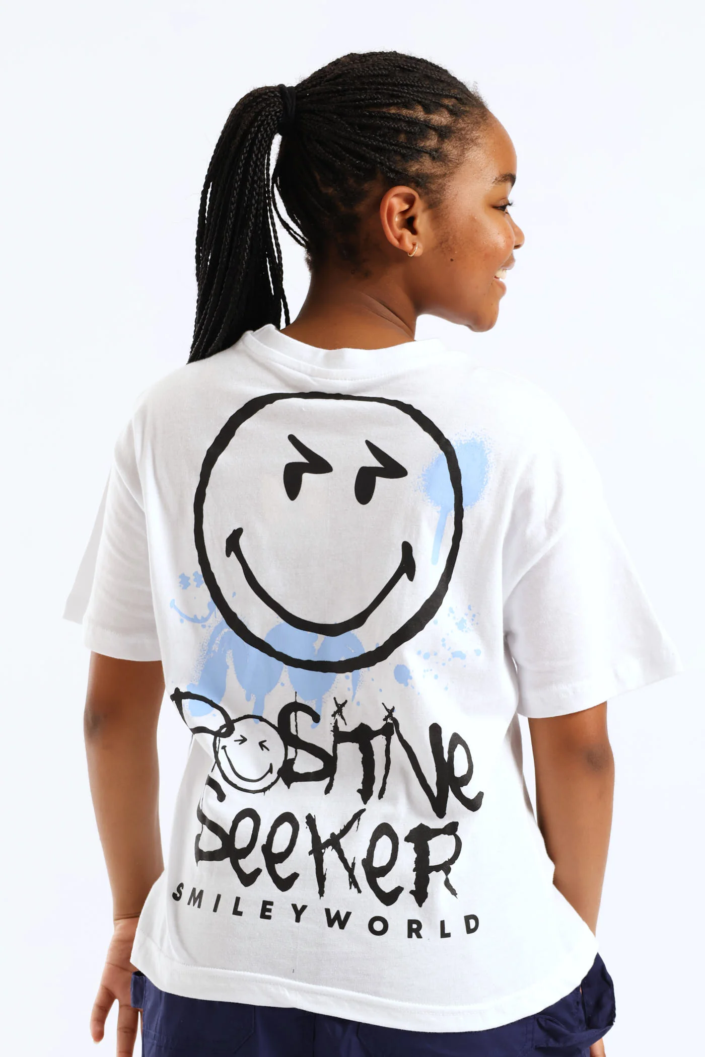 Girls Smiley Graphic Oversized Tee - White - Image 2