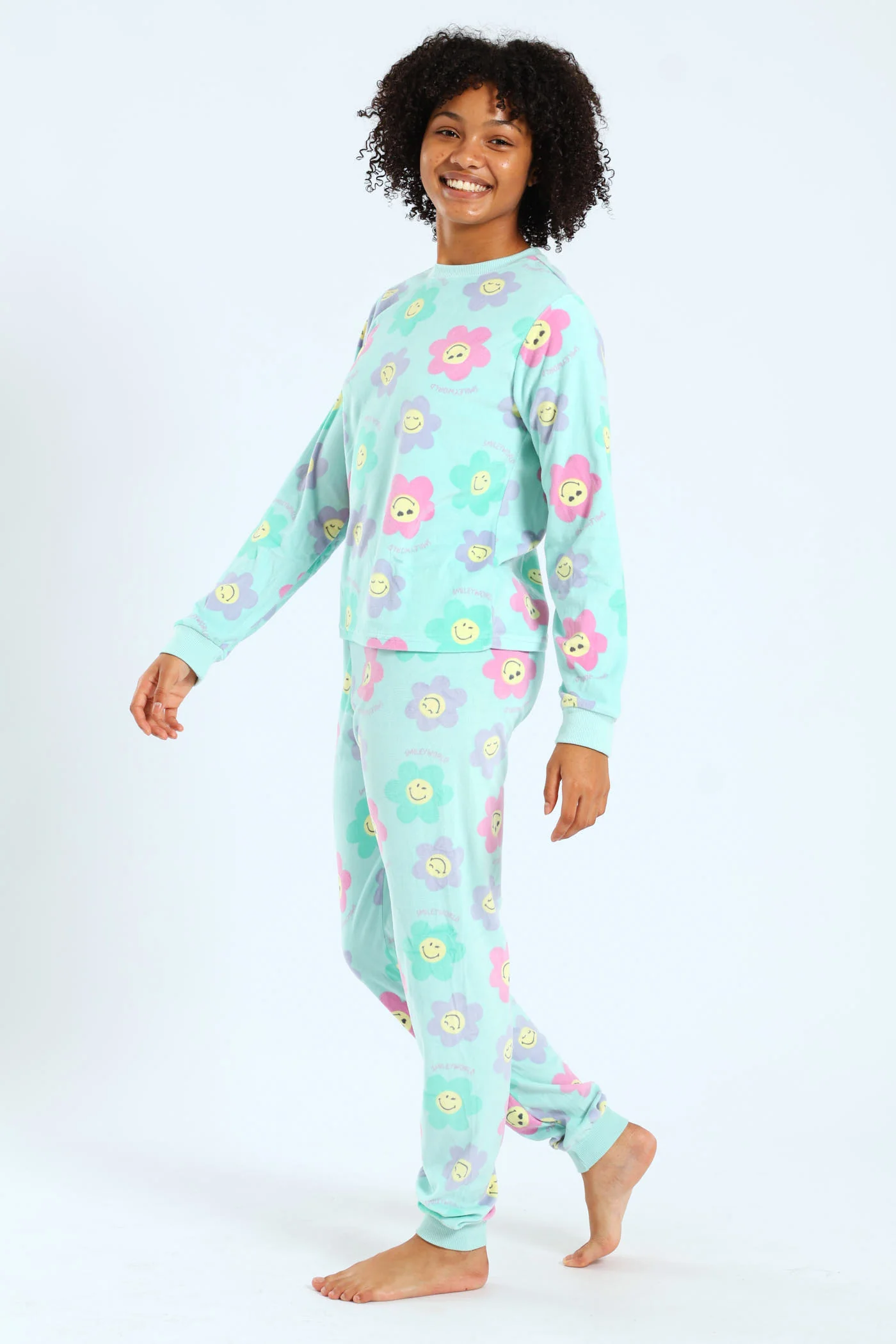 Girls Smiley Print Long Sleeve Sleep Set - Aqua Mist Green - Image 2