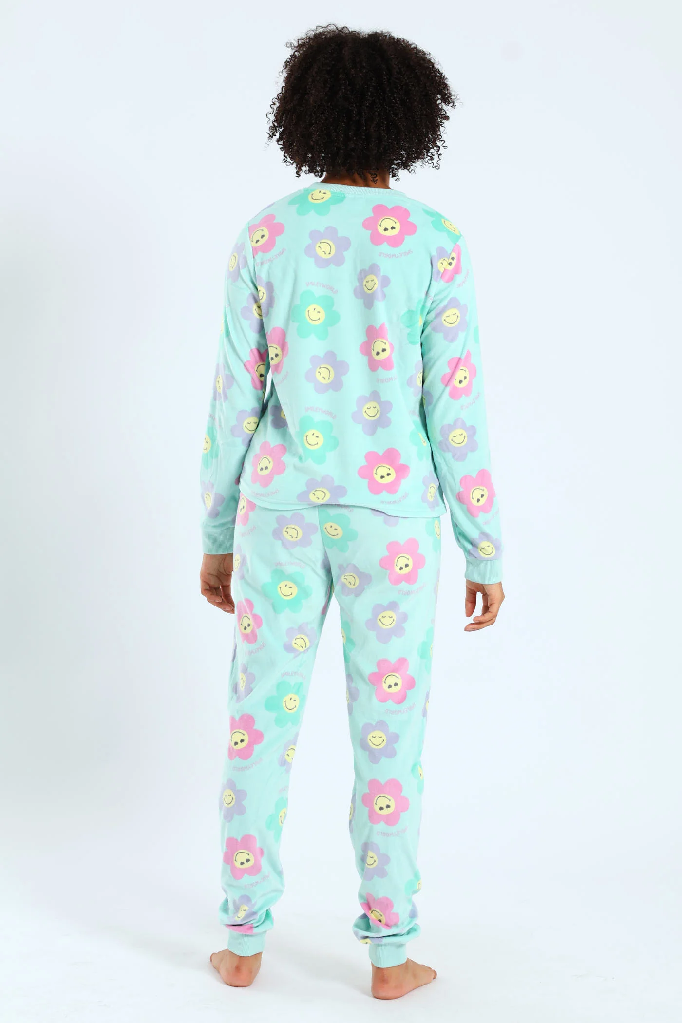 Girls Smiley Print Long Sleeve Sleep Set - Aqua Mist Green - Image 3