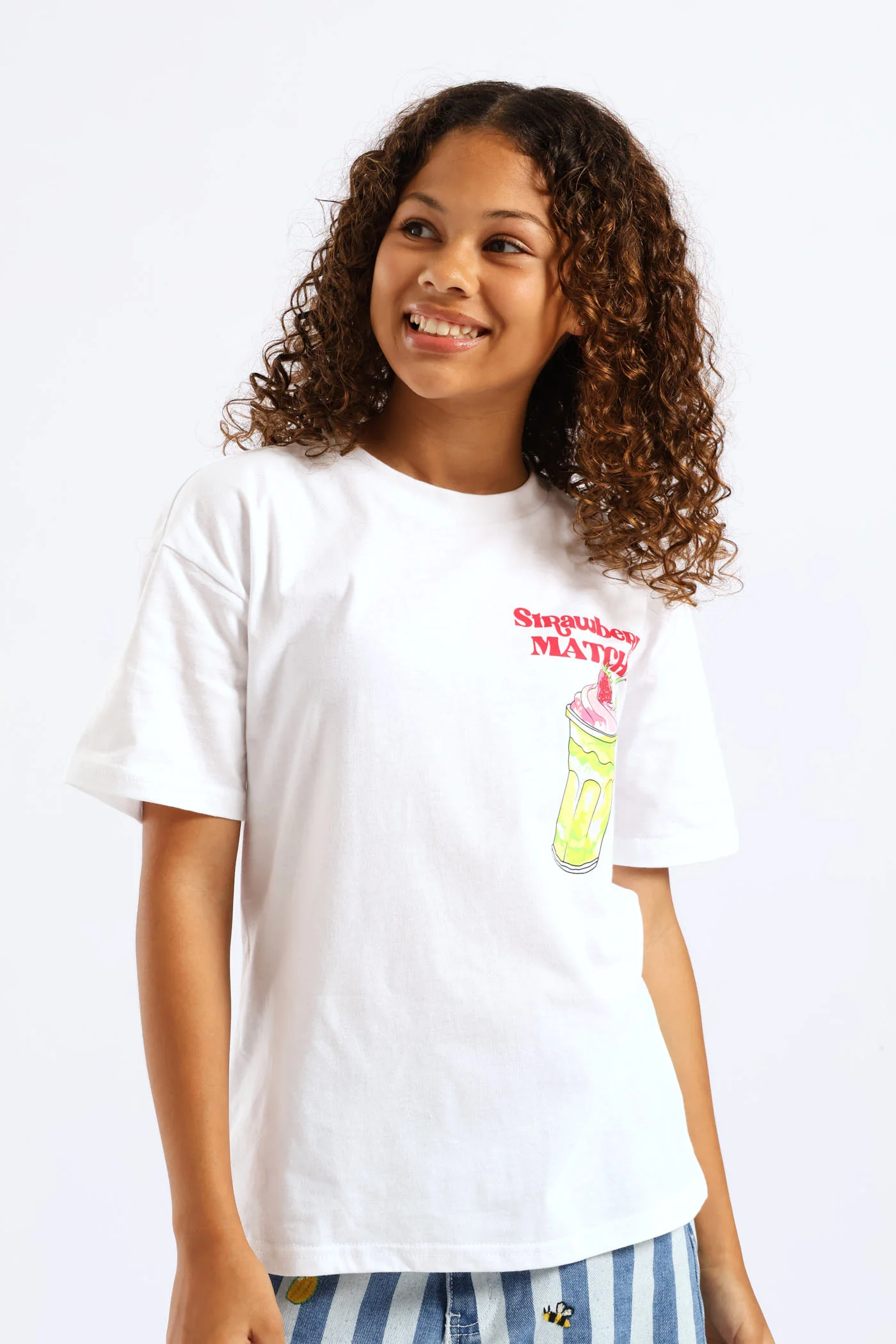 Girls Strawberry Matcha Oversized Tee - White - Image 3