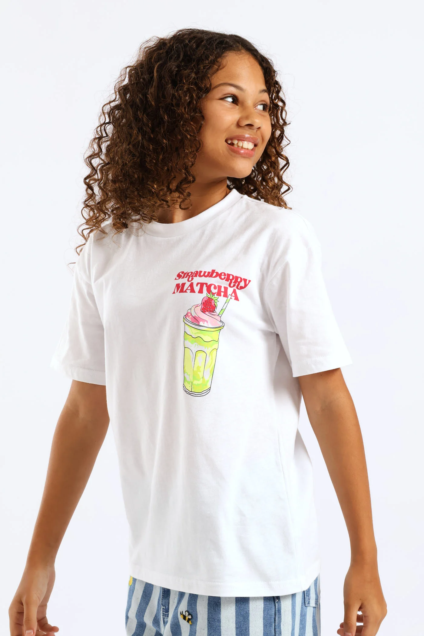 Girls Strawberry Matcha Oversized Tee - White - Image 4