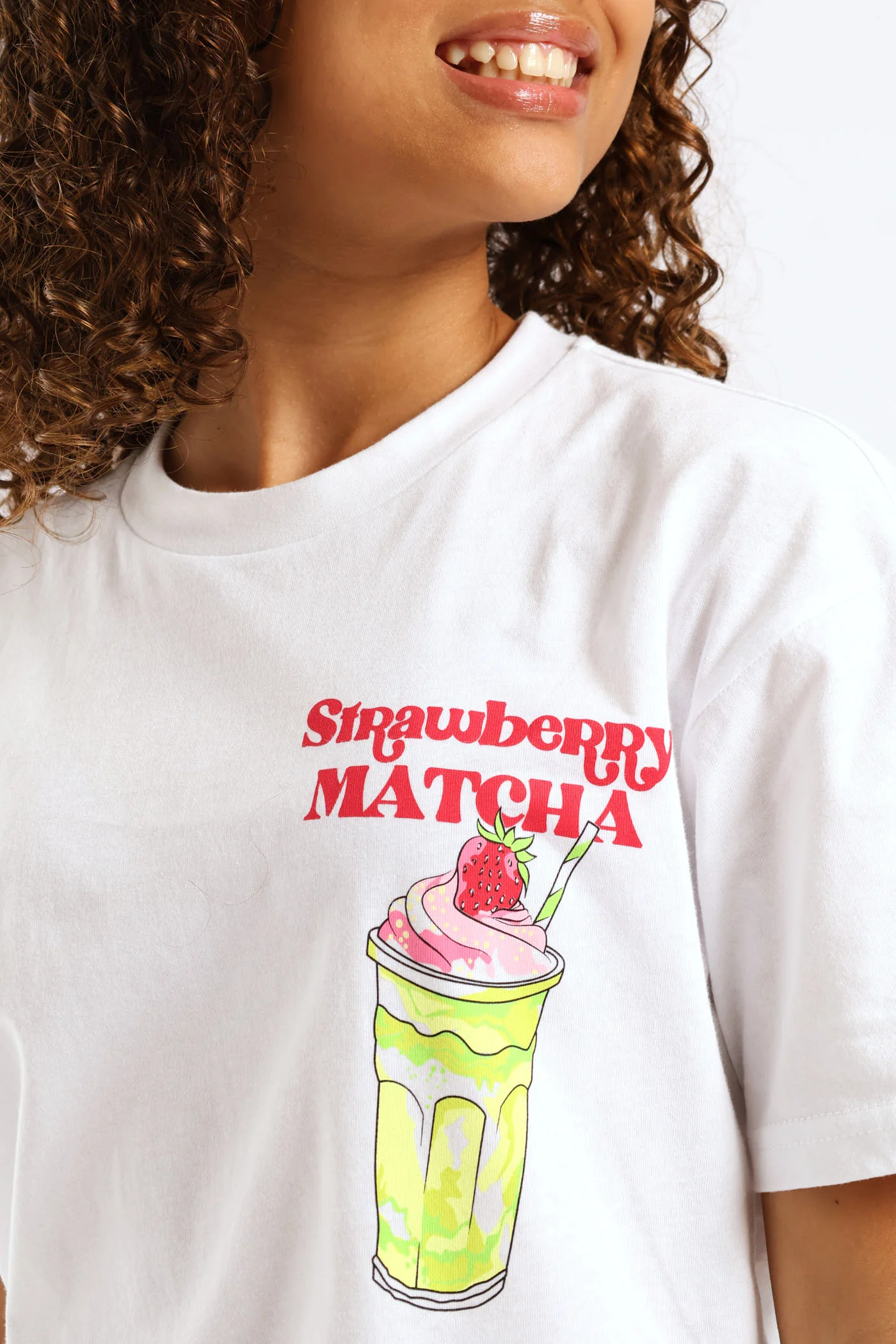 Girls Strawberry Matcha Oversized Tee - White - Image 5