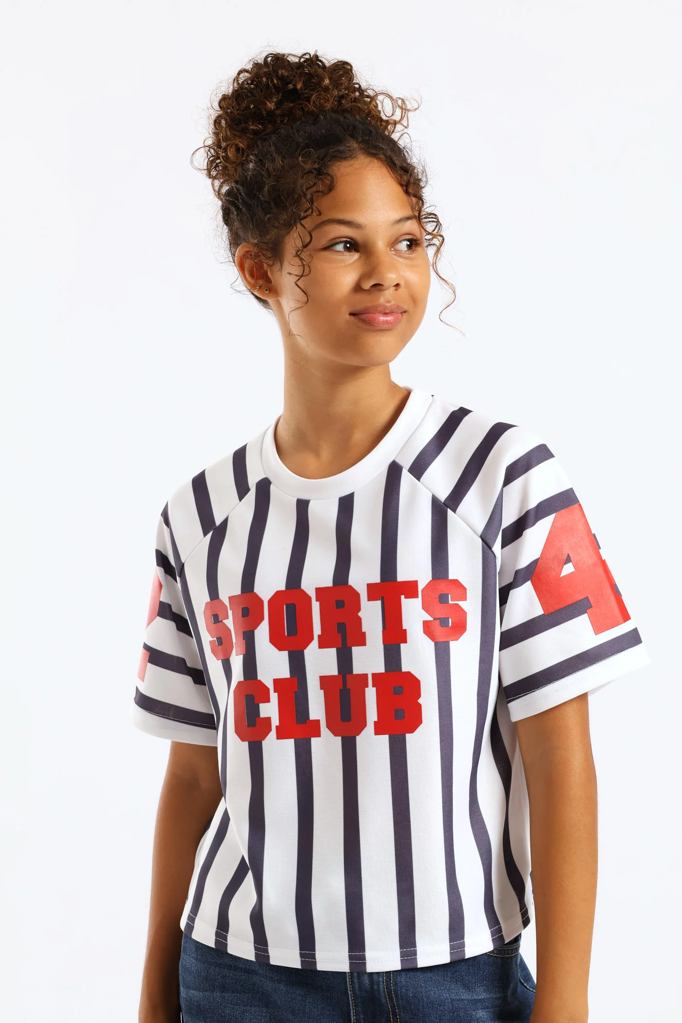 Girls Stripe Boxy Sports Club Tee - Cream/Navy - Image 3
