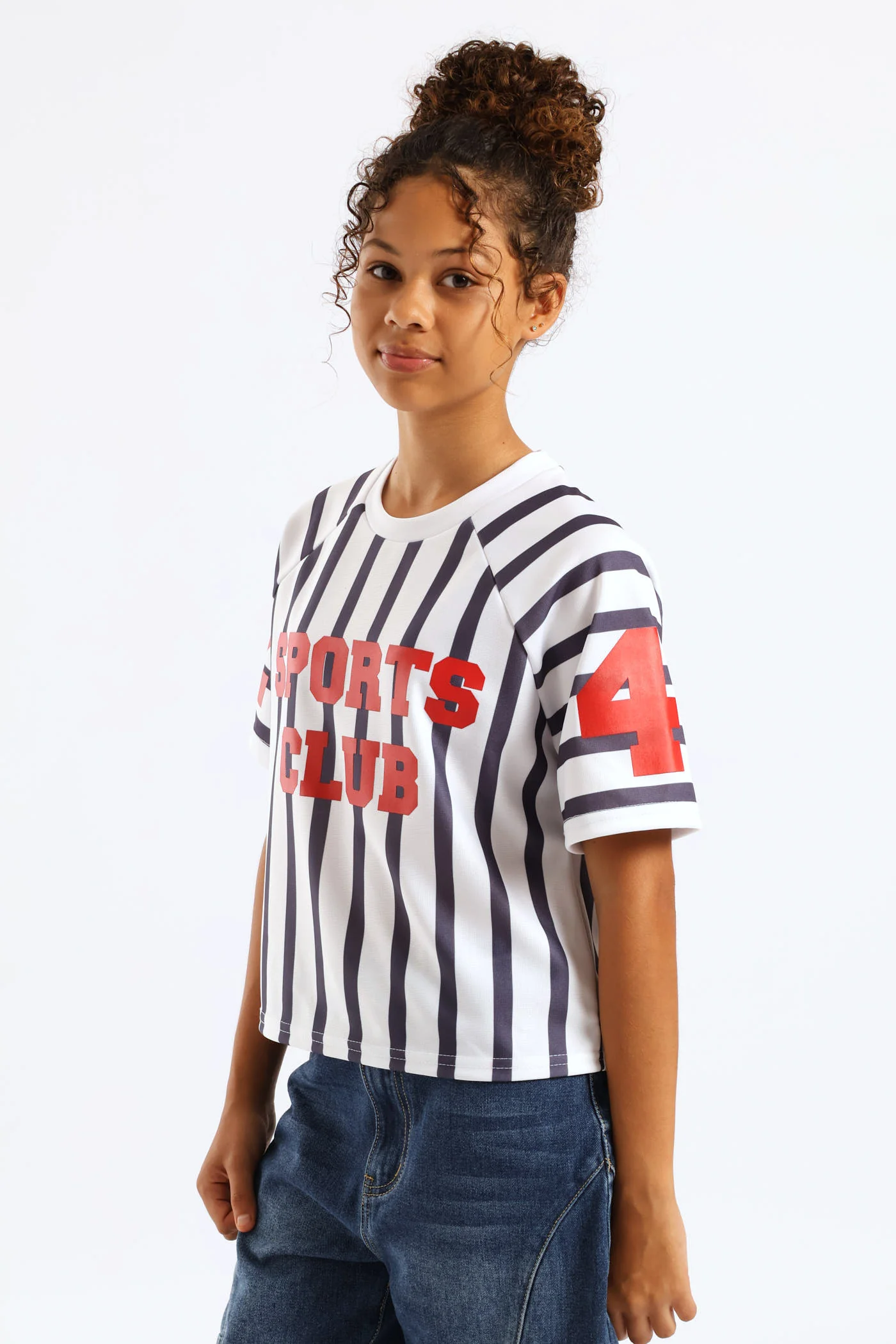 Girls Stripe Boxy Sports Club Tee - Cream/Navy - Image 4