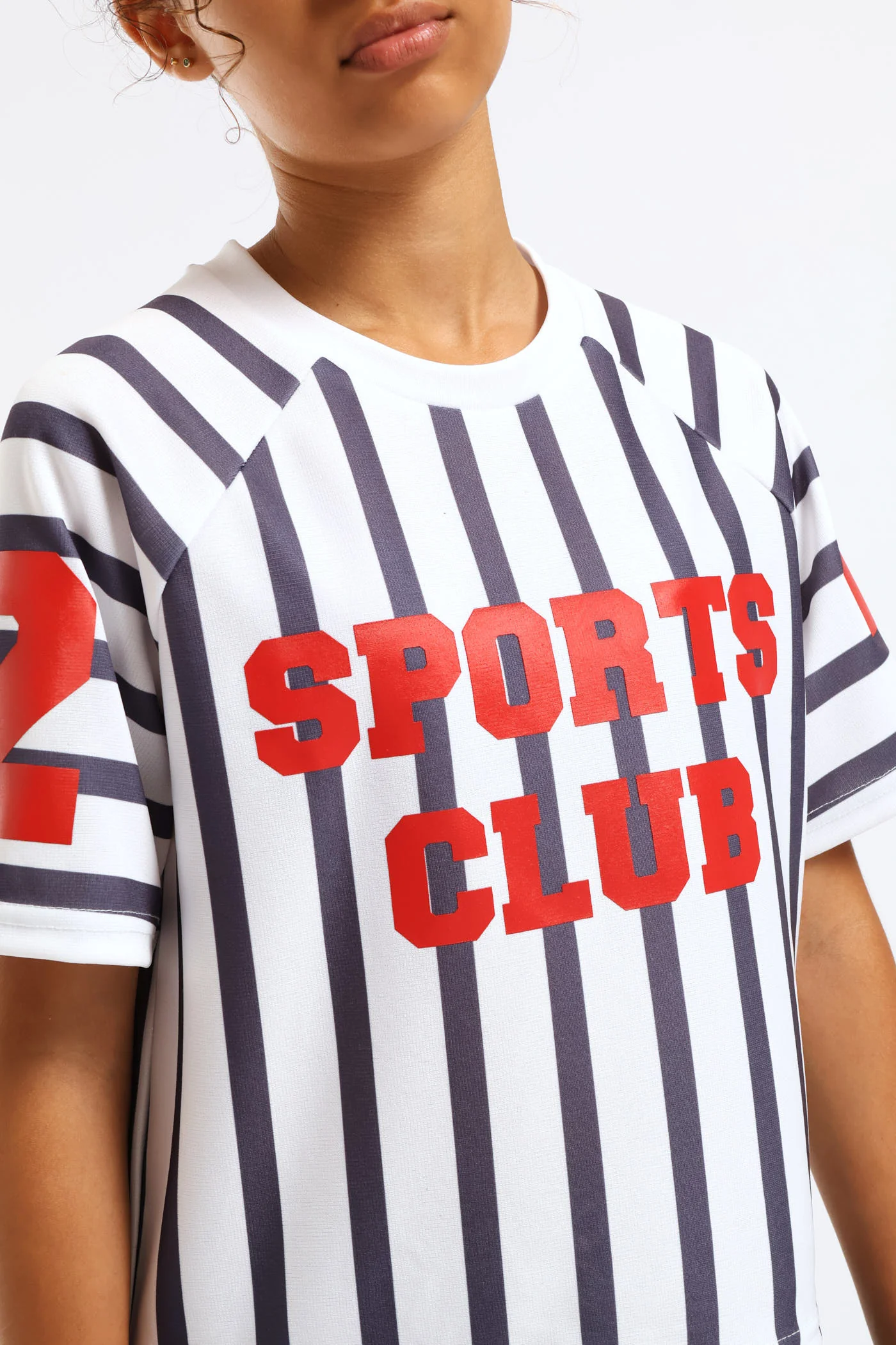 Girls Stripe Boxy Sports Club Tee - Cream/Navy - Image 5