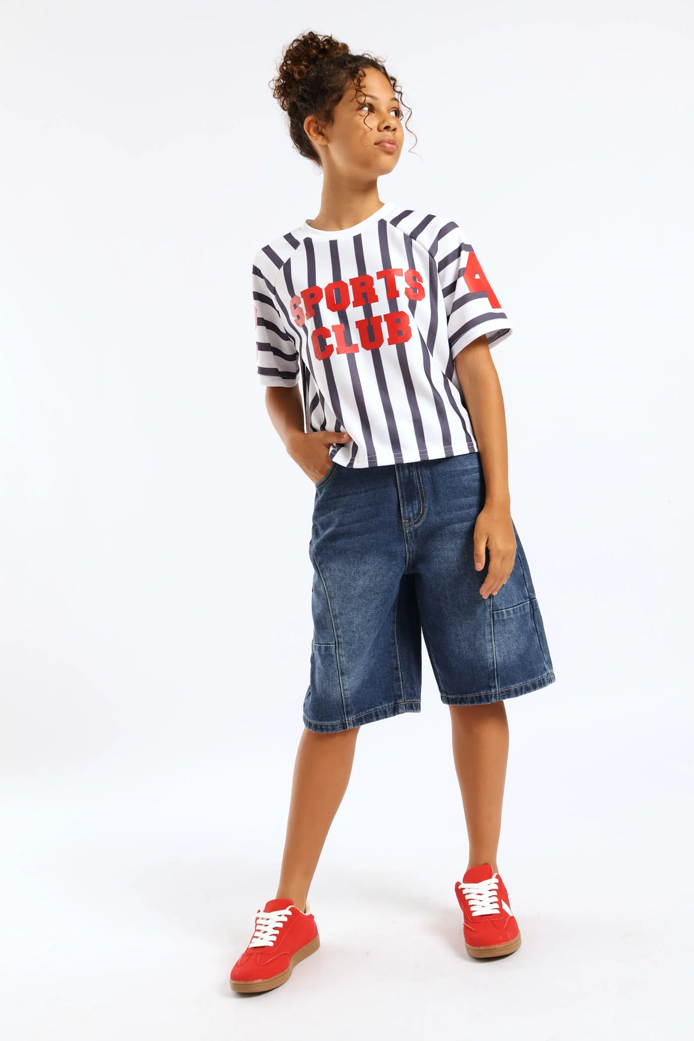 Girls Stripe Boxy Sports Club Tee - Cream/Navy - Image 6