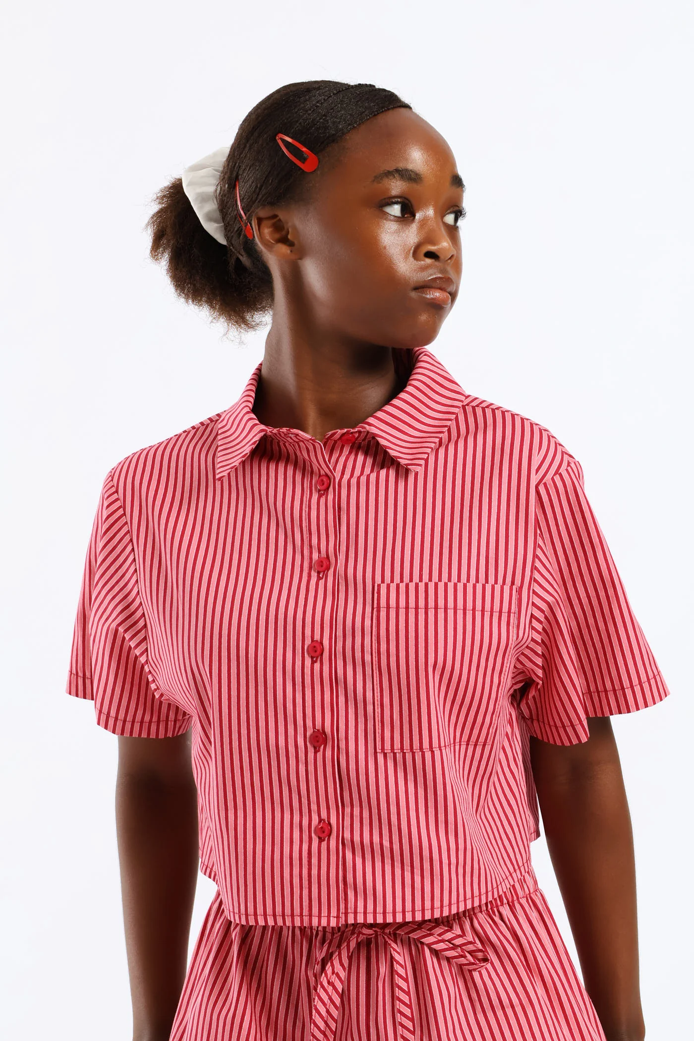 Girls Stripe Button Through Shirt - Red/Pink - Image 3