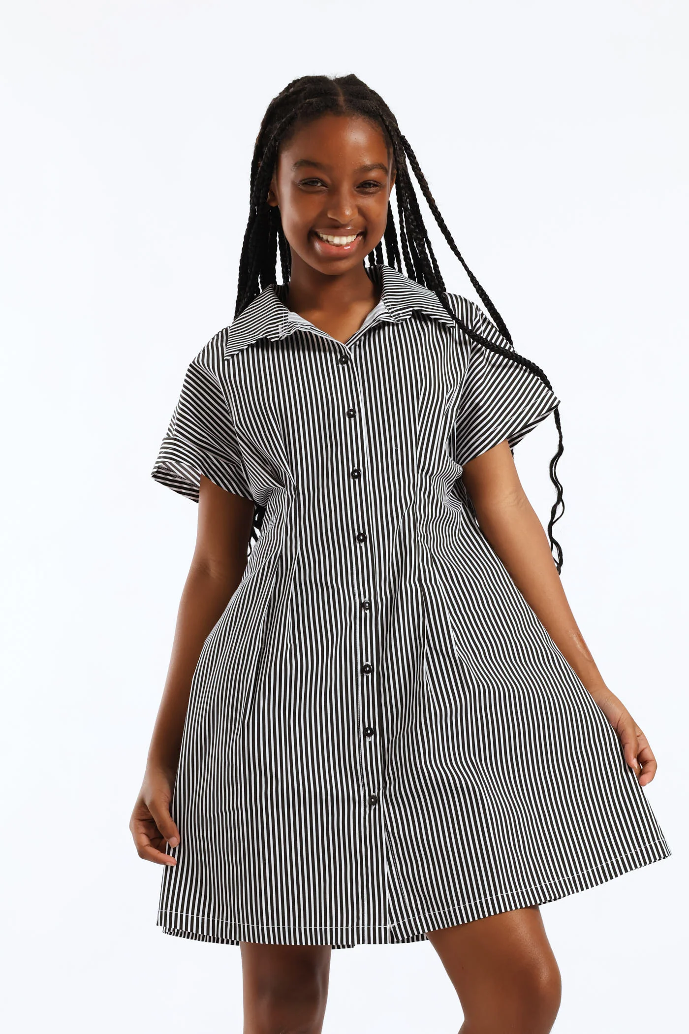 Girls Stripe Button Through Waist Detail Flare Dress - Black/White - Image 2