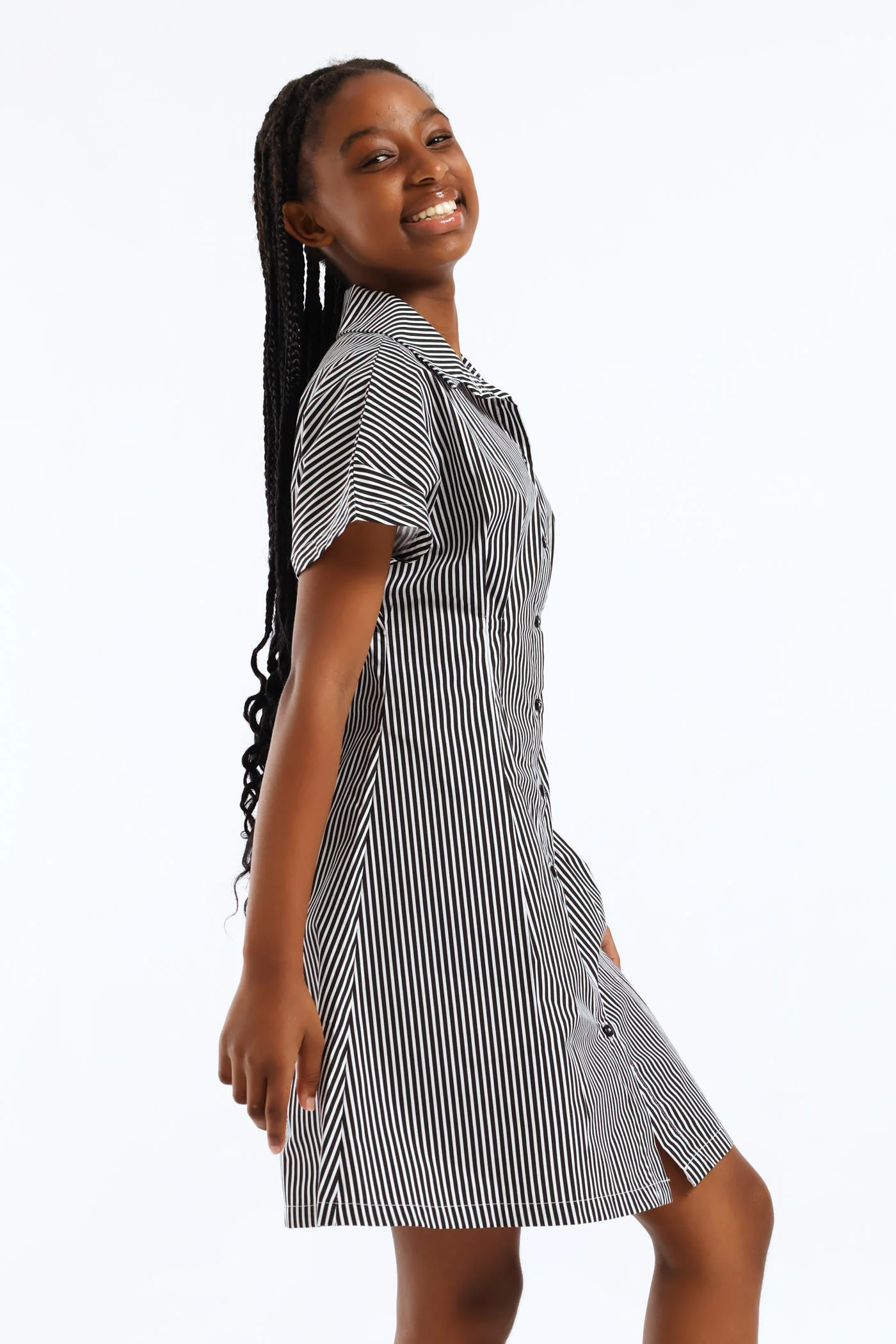 Girls Stripe Button Through Waist Detail Flare Dress - Black/White - Image 3