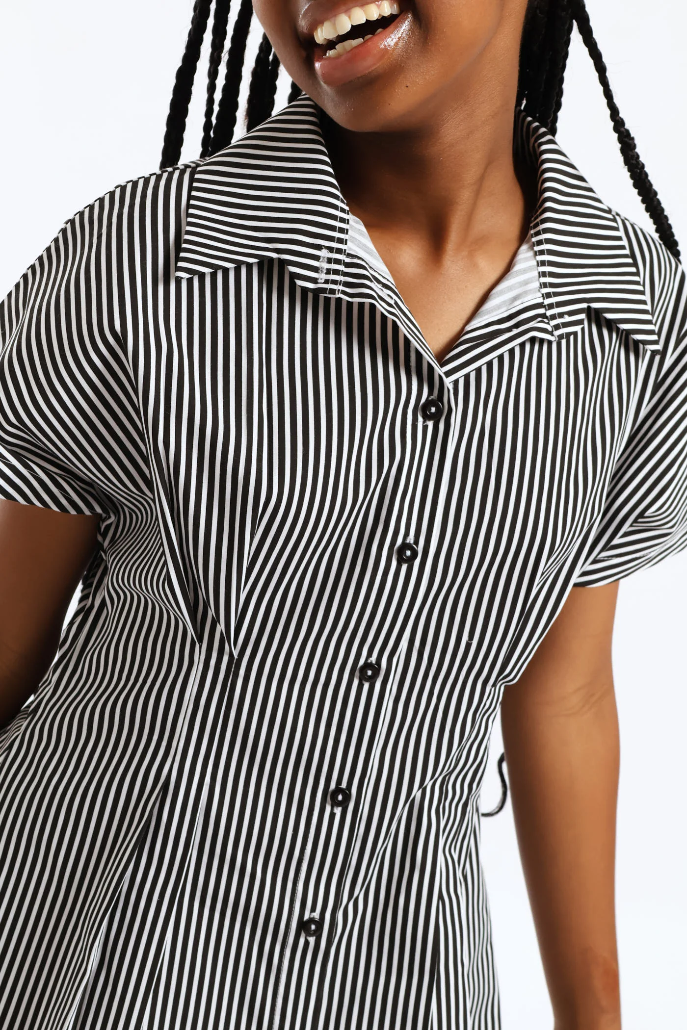 Girls Stripe Button Through Waist Detail Flare Dress - Black/White - Image 5