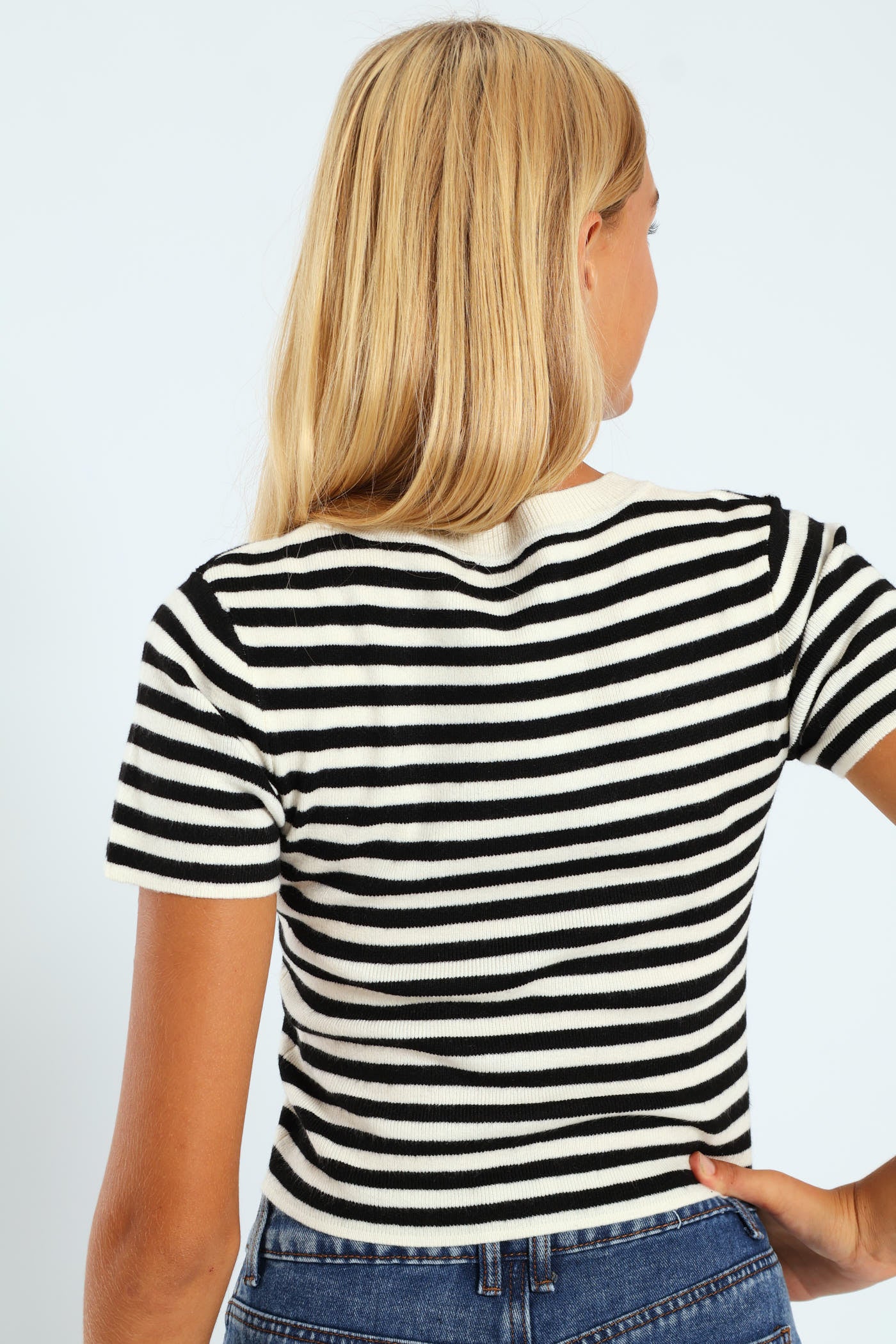 Girls Short Sleeve Stripe Crew Top - Cream/Black - Image 3