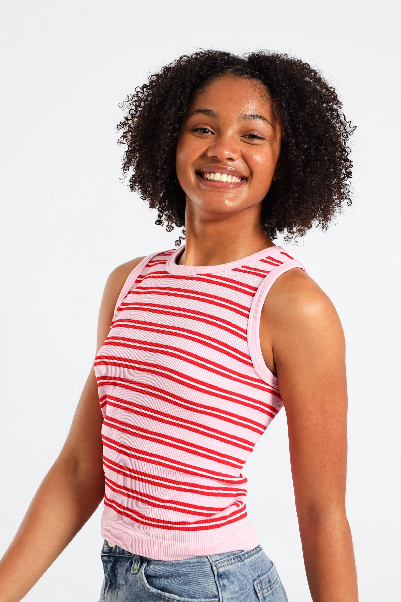 Girls Stripe Crew Seamless Vest - Pink - Image 2