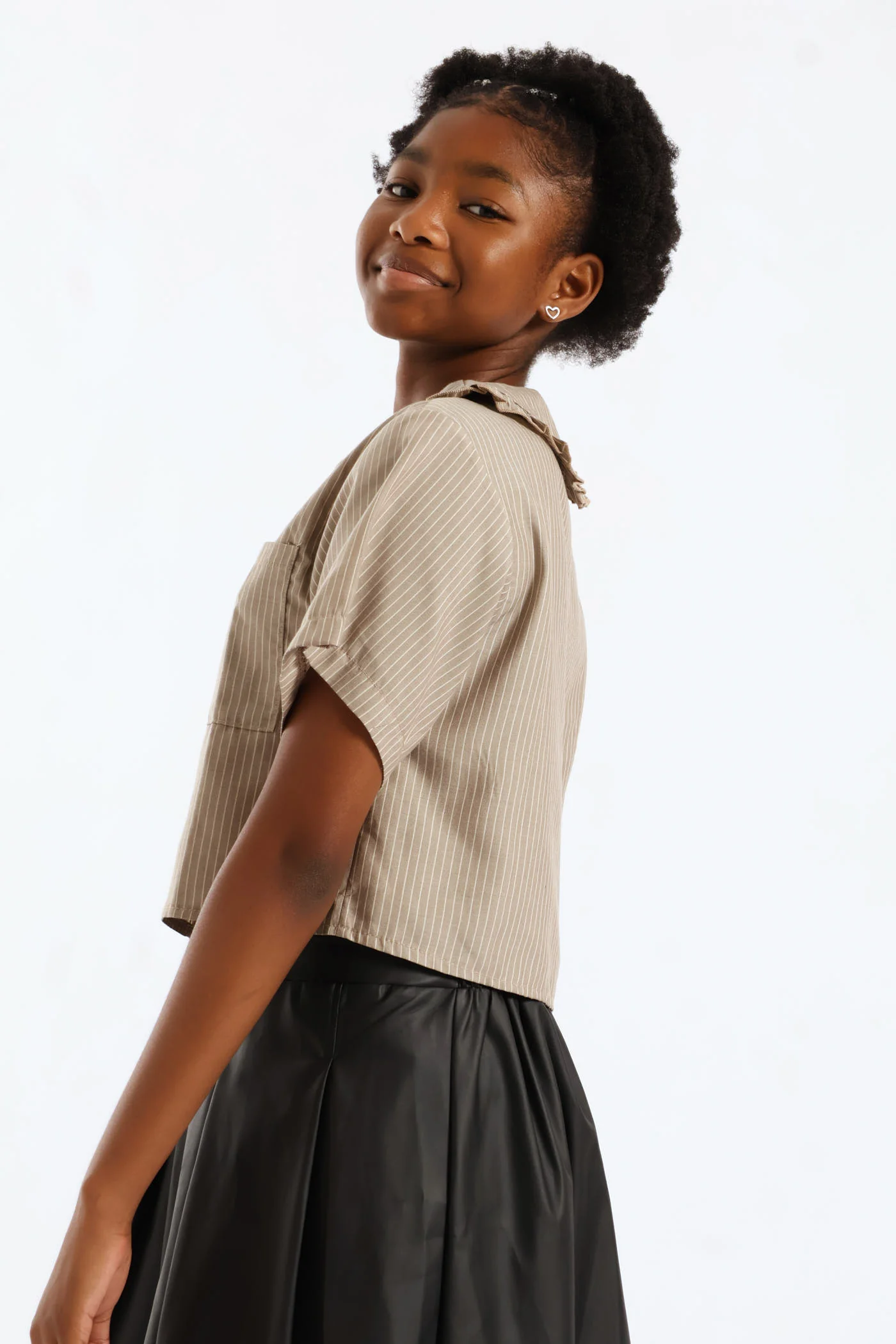 Girls Stripe Dropped Shoulder Boxy Shirt - Stone/White - Image 5