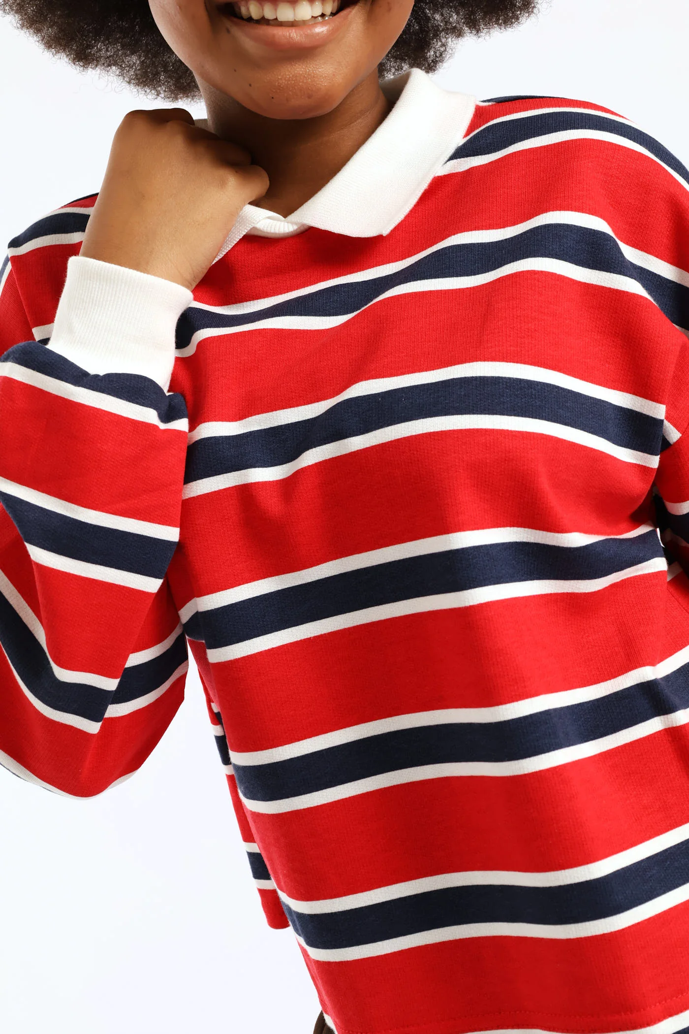 Girls Stripe Fleece Rugby Jersey Pullover - Red - Image 2
