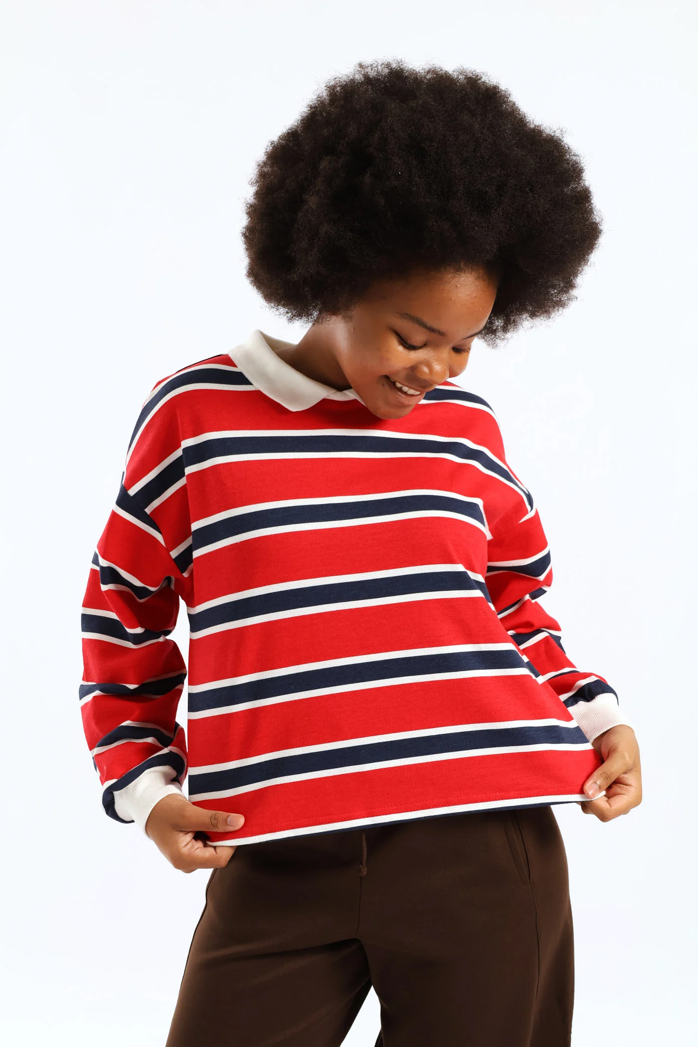 Girls Stripe Fleece Rugby Jersey Pullover - Red - Image 3