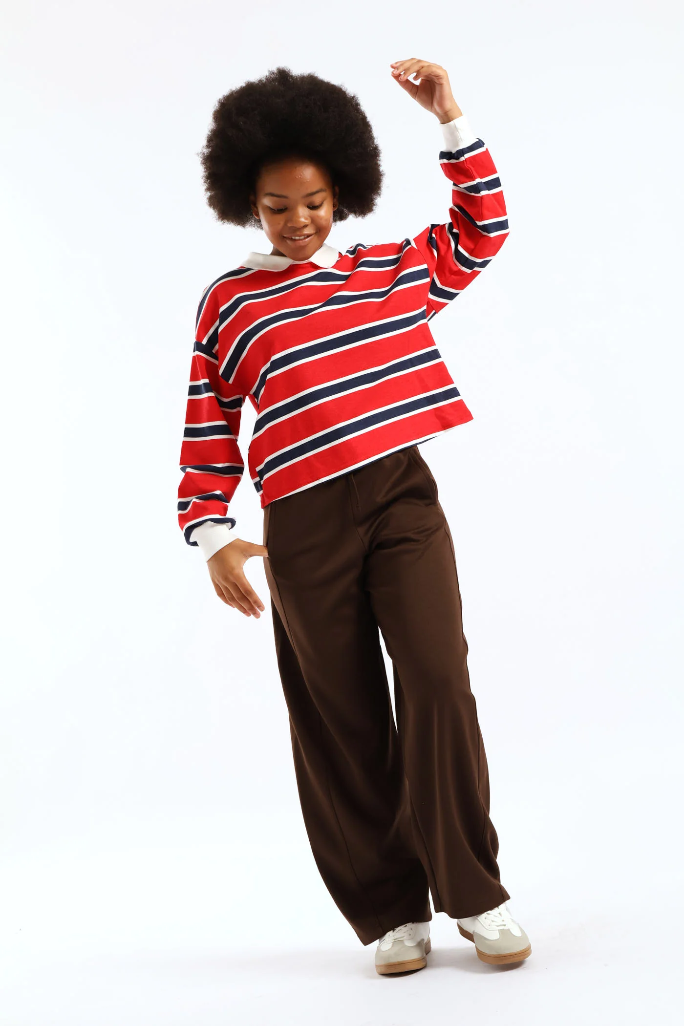Girls Stripe Fleece Rugby Jersey Pullover - Red - Image 5