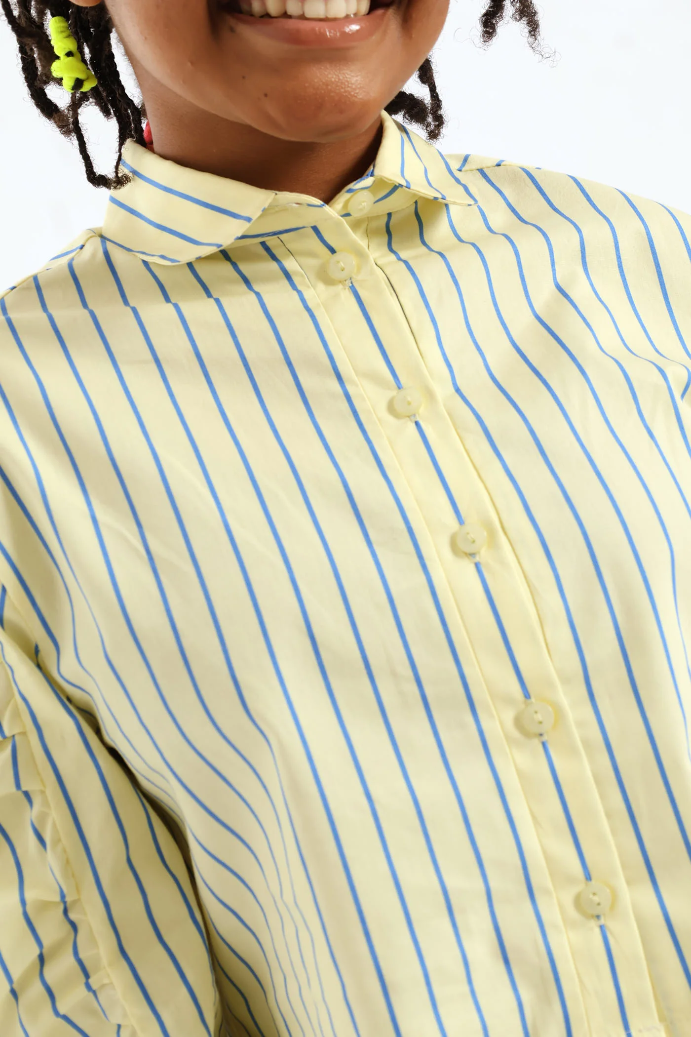 Girls Stripe Guaged Sleeve Woven Shirt - Blue/Yellow - Image 2