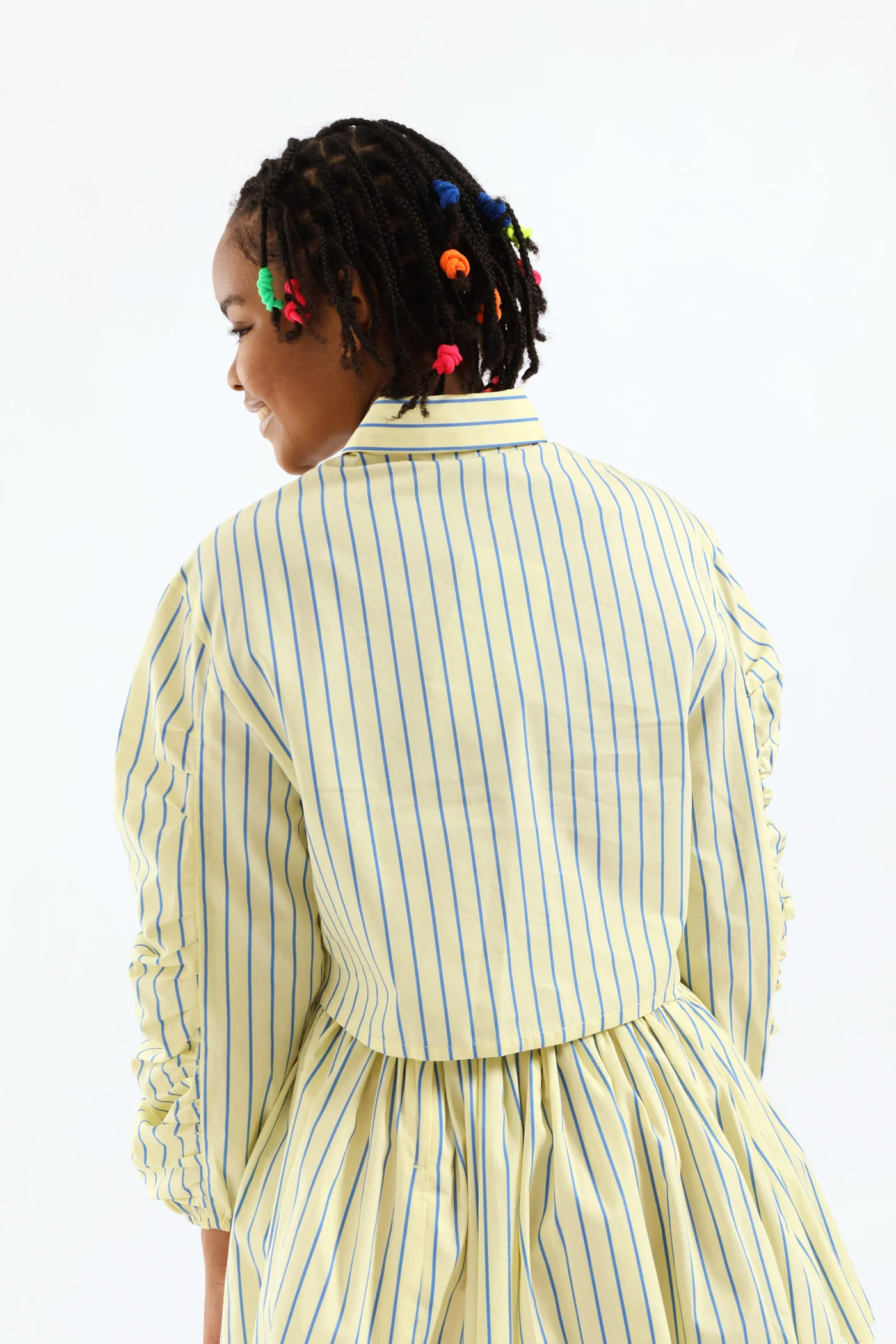 Girls Stripe Guaged Sleeve Woven Shirt - Blue/Yellow - Image 3
