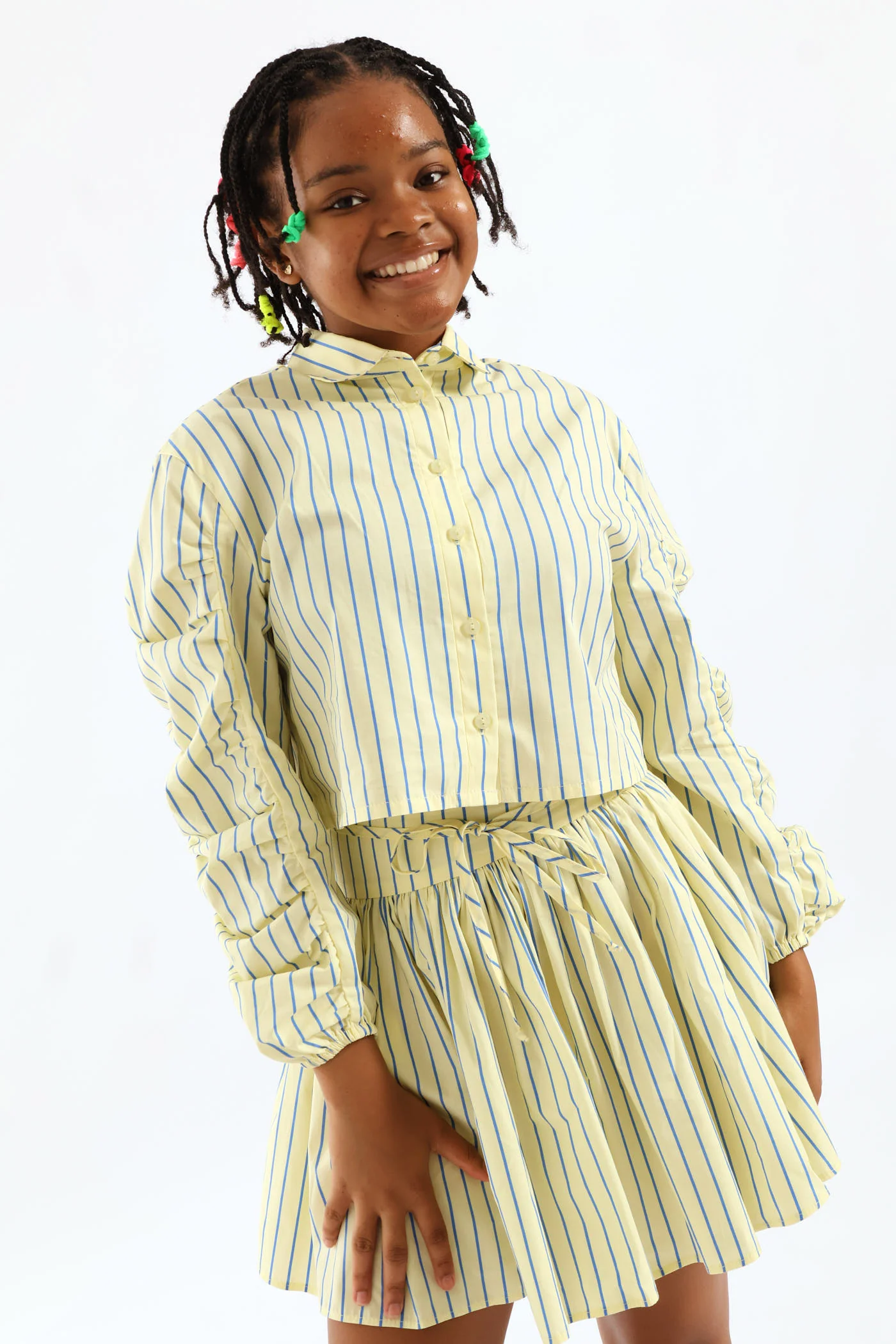 Girls Stripe Guaged Sleeve Woven Shirt - Blue/Yellow - Image 4